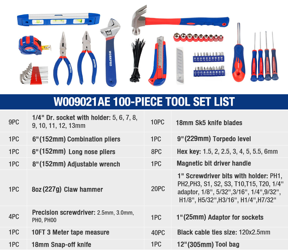 WORKPRO 100PC Home Tool Kit Drawer Household Hand Tool Set w/Easy Carrying Pouch