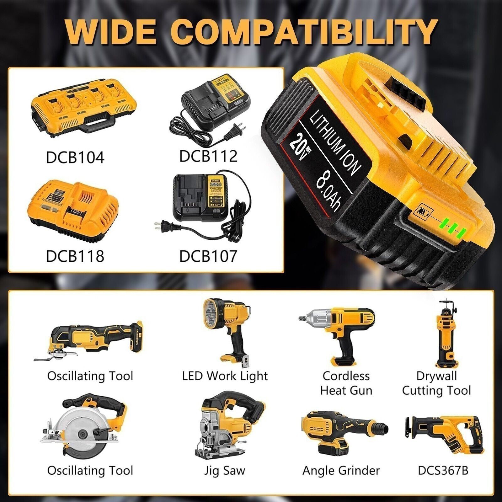 8.0AH Lithium Ion Battery For DeWalt 20V 20 Volt Max DCB206-2 DCB205-2