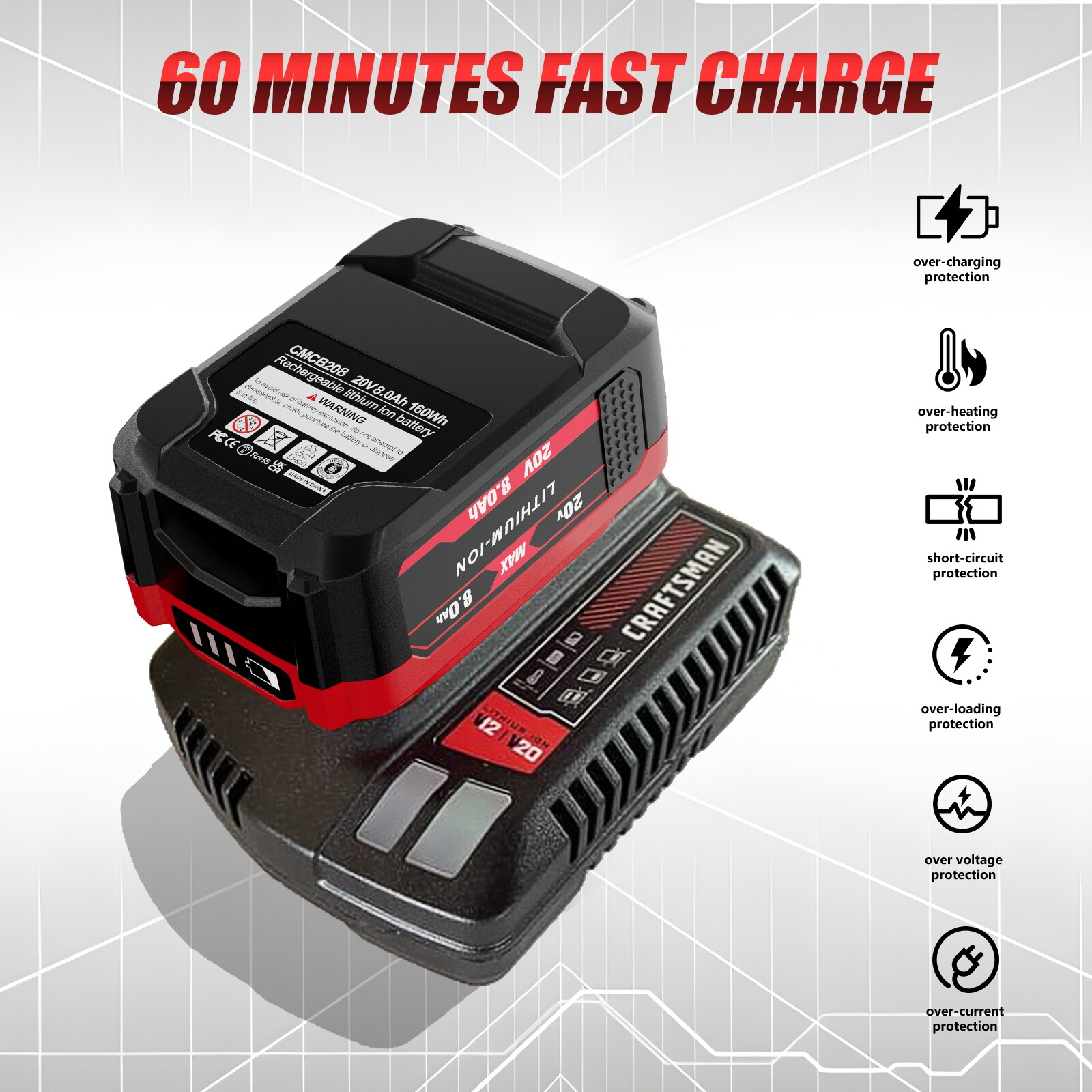 20 Volt For Craftsman V20 8.0Ah Lithium-ion Battery Pack CMCB205 CMCB204 CMCB202