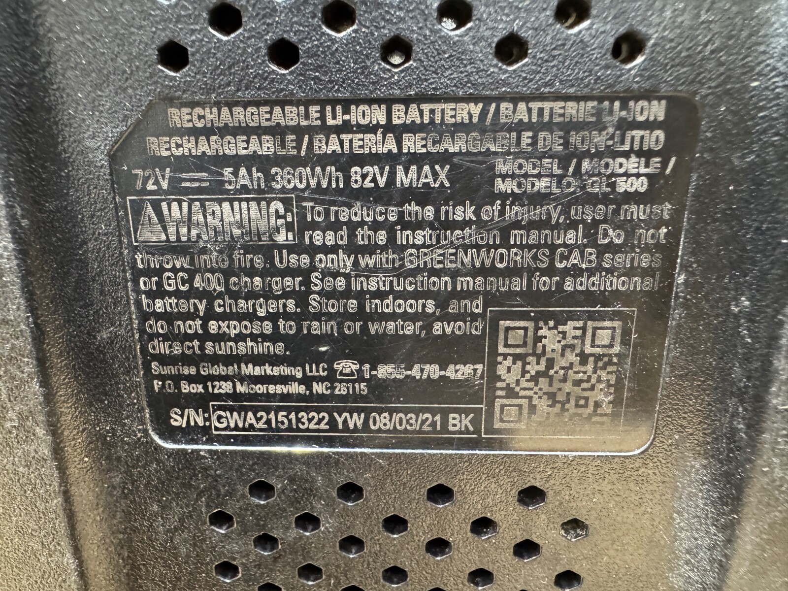 GREENWORKS COMMERCIAL [GL 500] GENUINE 82V MAX 5AH BATTERY – [USED]