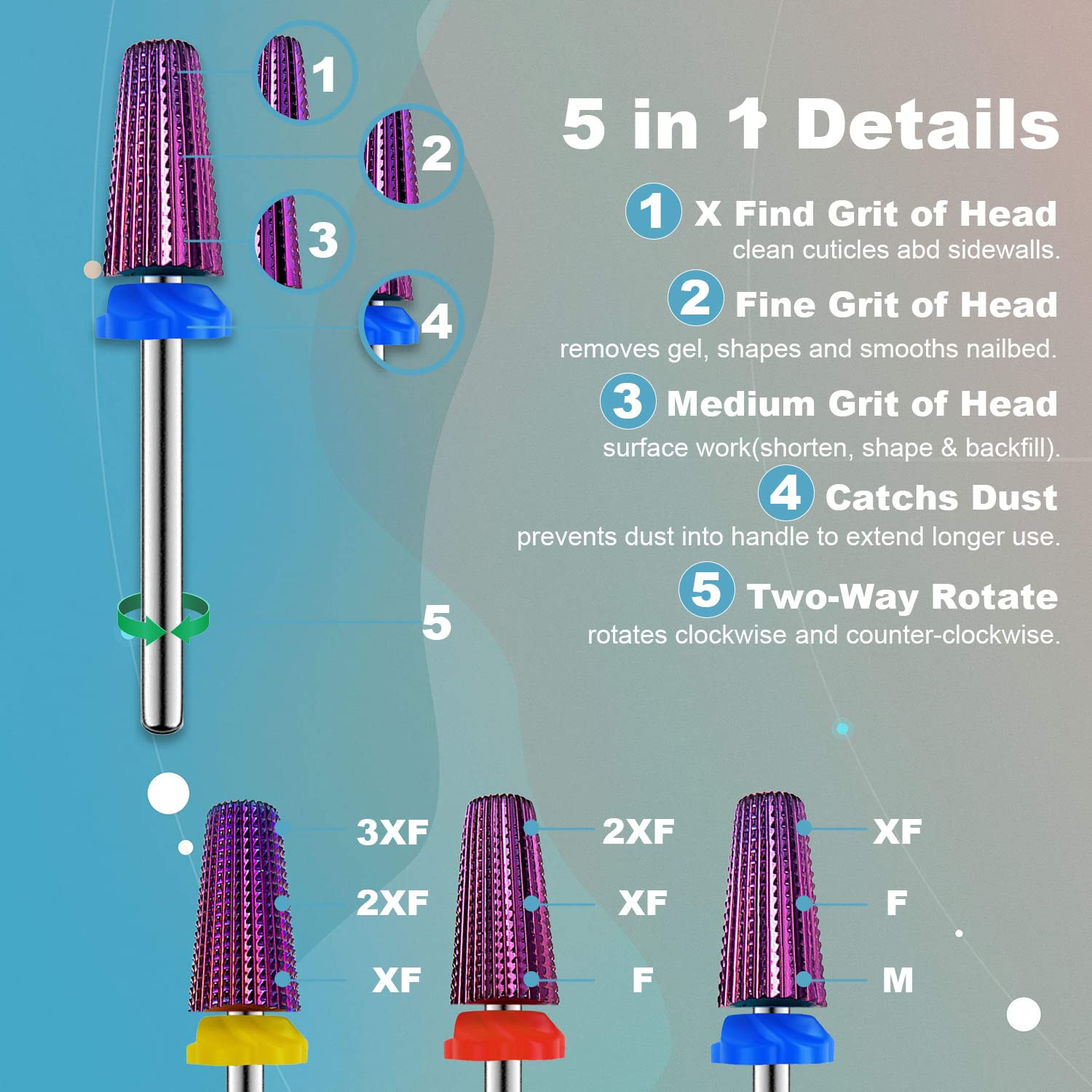 3Pcs Carbide 5 in 1 Nail Drill Bit Set- Two Way Rotate Use for Both Left and Rig