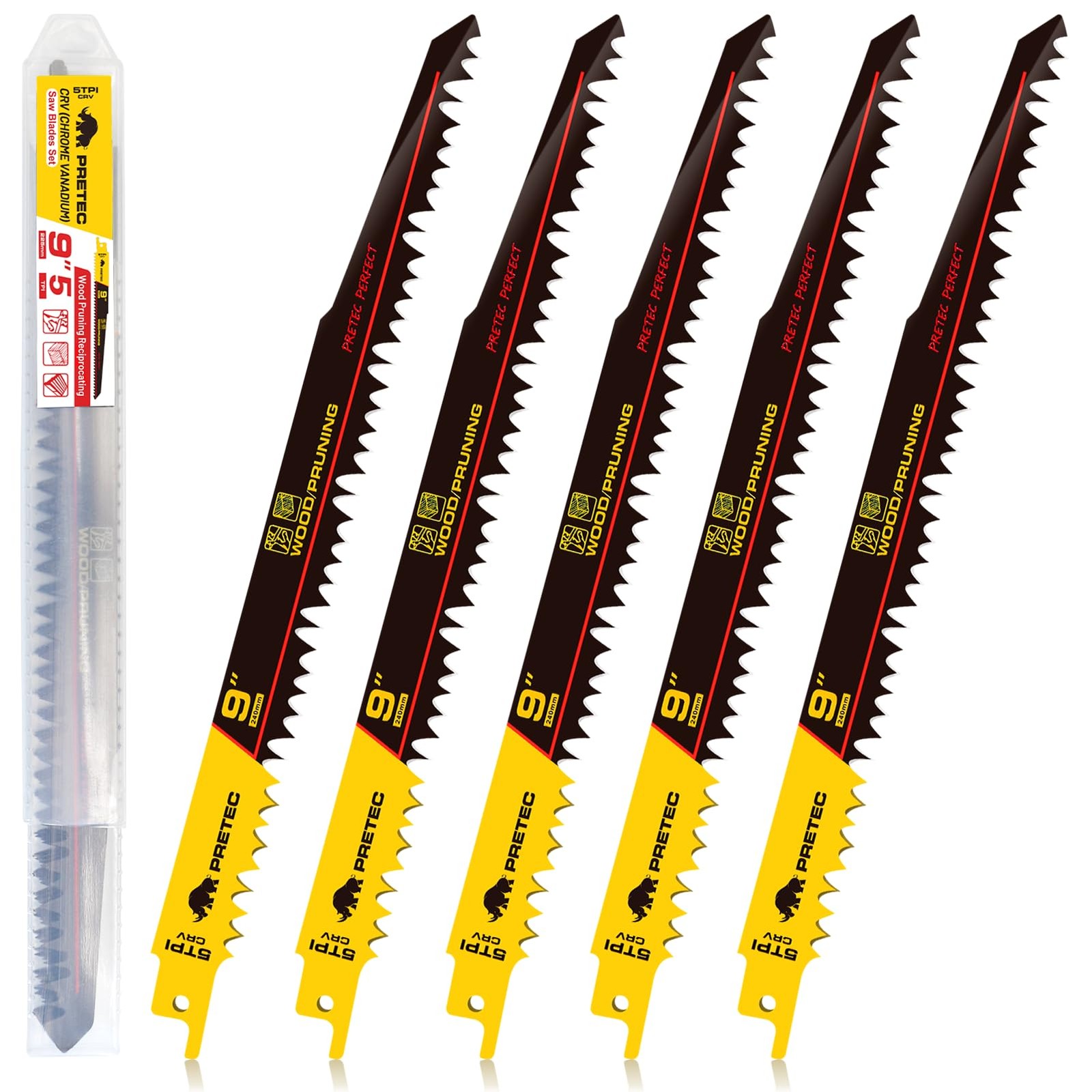 PRETEC Wood Pruning Reciprocating Saw Blades, 9 Inch 9 INCH (5 PCS), Yellow