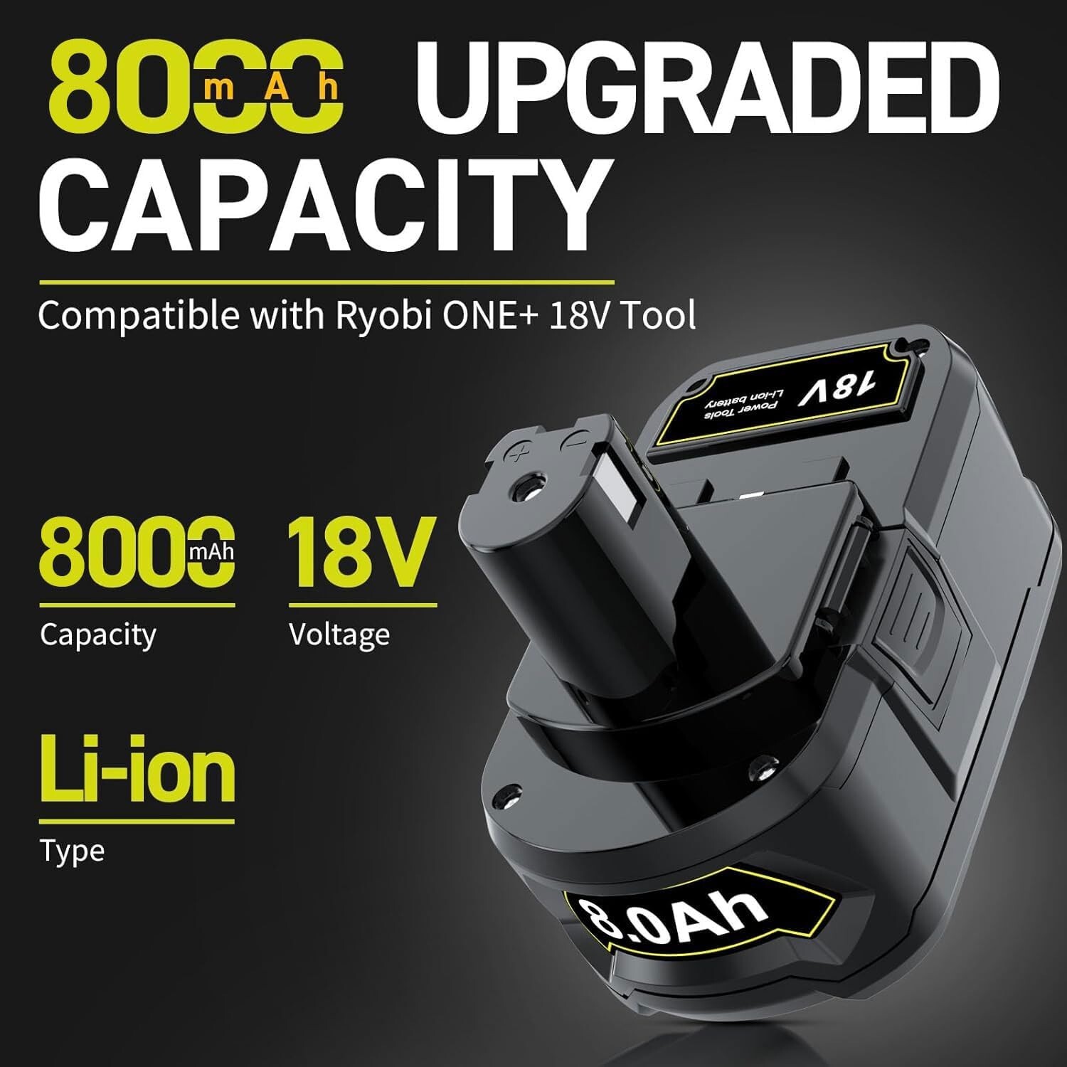 2PACK 8Ah For RYOBI P108 18V 8000mAh High Capacity Battery 18Volt Lithium-Ion