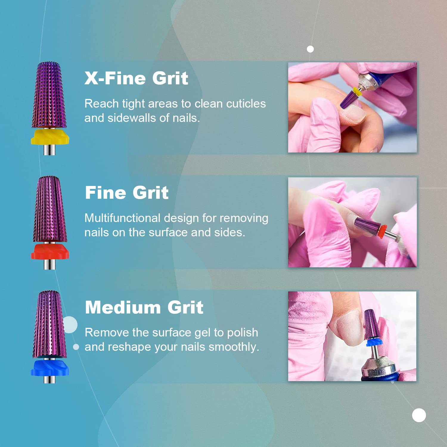 3Pcs Carbide 5 in 1 Nail Drill Bit Set- Two Way Rotate Use for Both Left and Rig