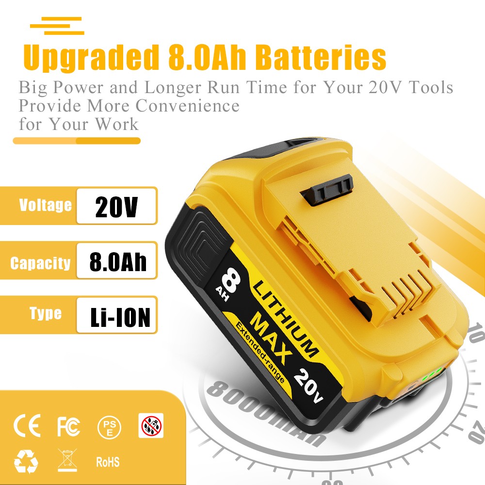 2Pack Lithium Ion Battery For DeWalt 20V 20 Volt Max 8.0AH DCB205 DCB206 DCB200