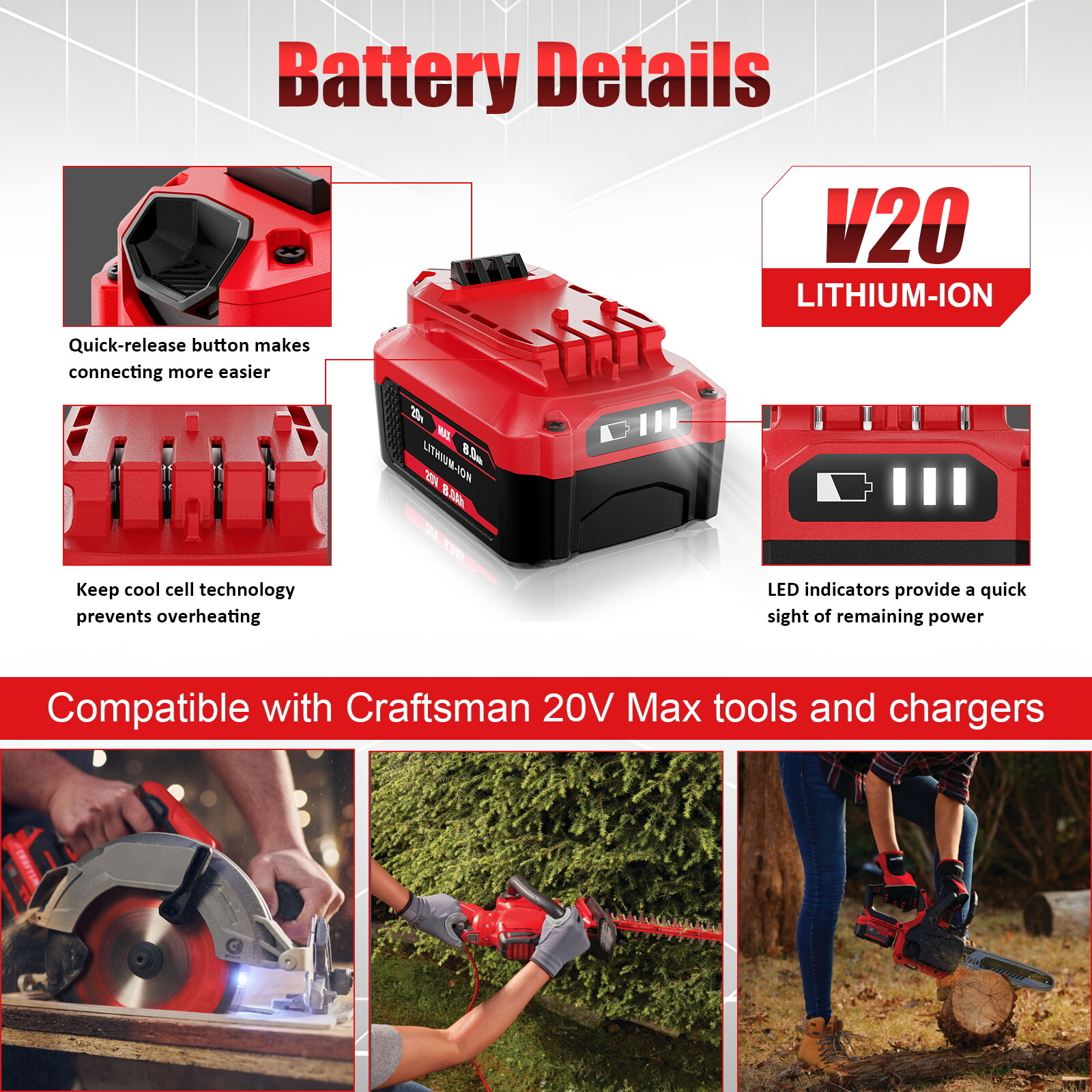 20 Volt For Craftsman V20 8.0Ah Lithium-ion Battery Pack CMCB205 CMCB204 CMCB202