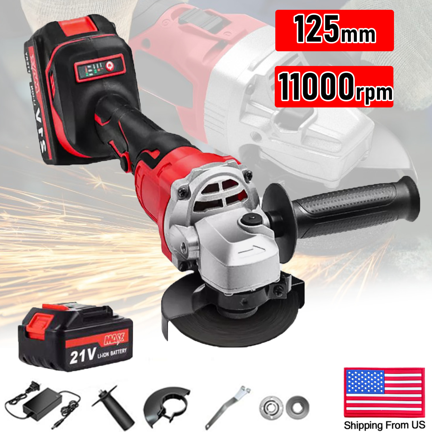 Cordless 4-1/2 Power Angle Grinder with 21V Battery Cutting Disc Power 11000 RPM
