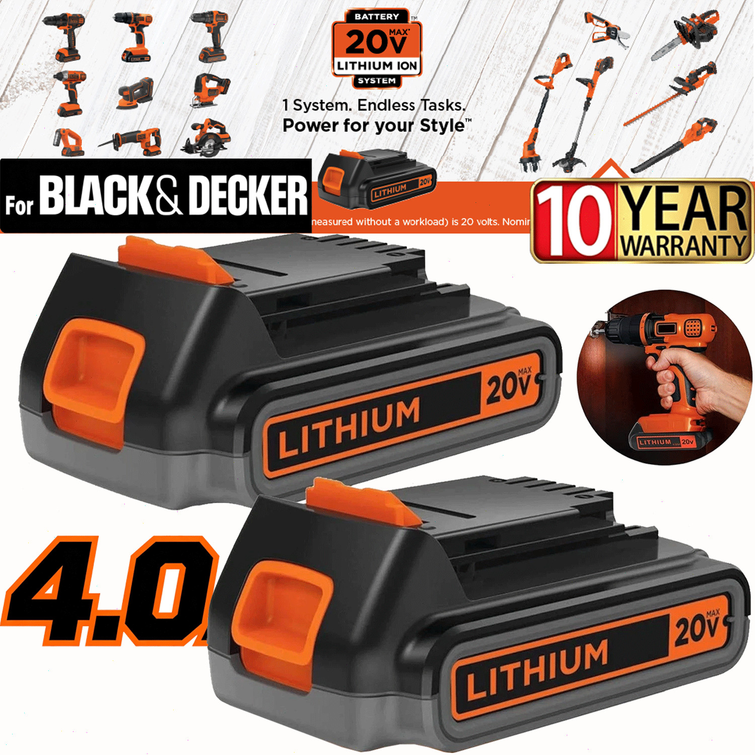 2PACK 20V Lithium-ion 4.0Ah Battery for BLACK DECKER 20 Volt LBXR20 LBX20 LB20