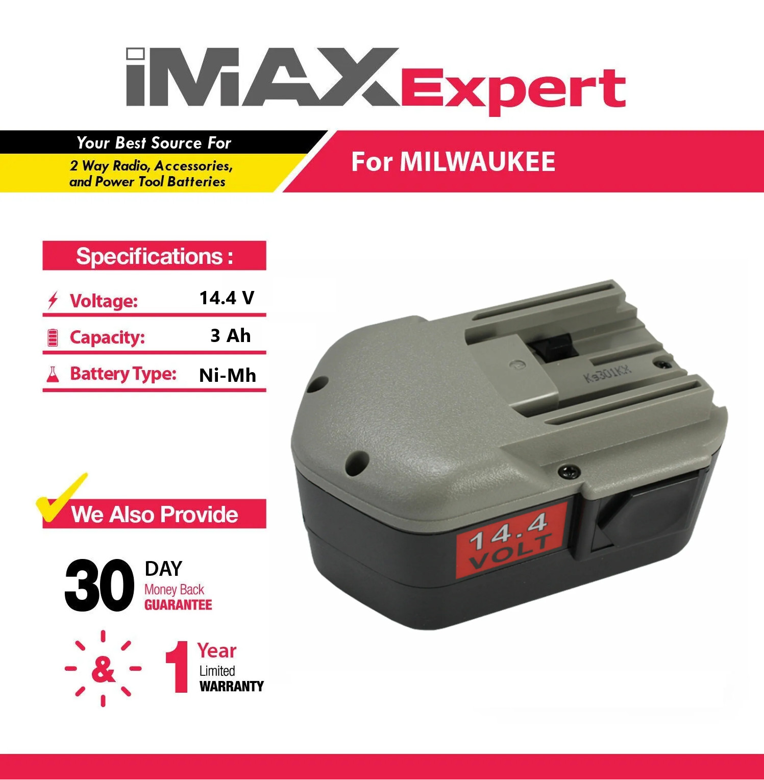 14.4V 3Ah NiMh Battery for Milwaukee 48-11-1000, 48-11-1014, 48-11-1024