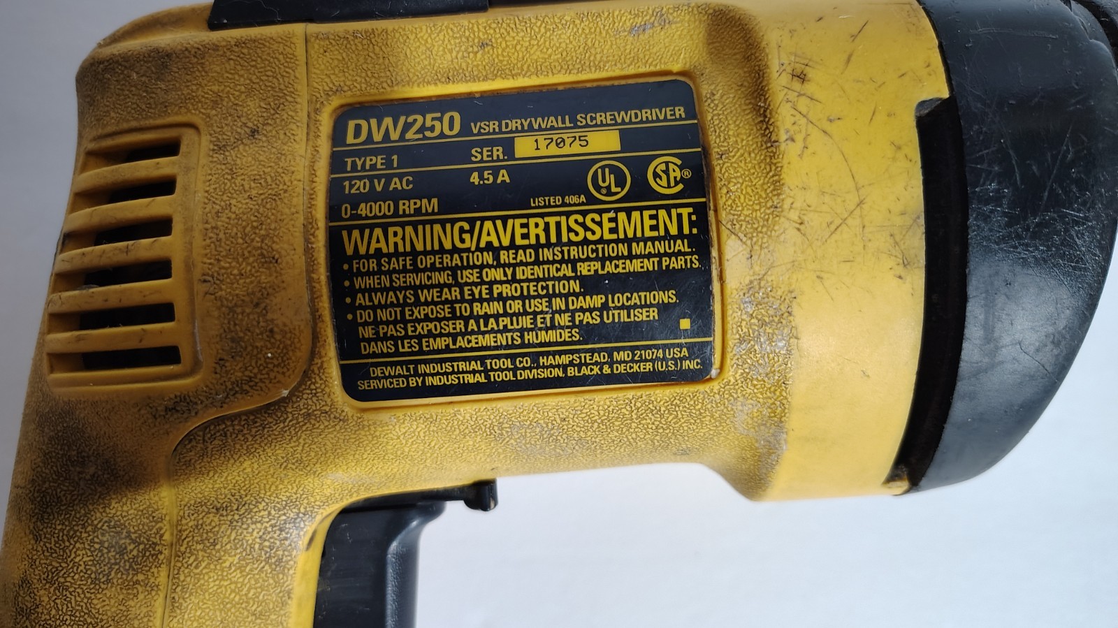 DeWalt DW250 Corded VSR Drywall Screwdriver 4.5 Amp Type 1 w/metal case (Tested)