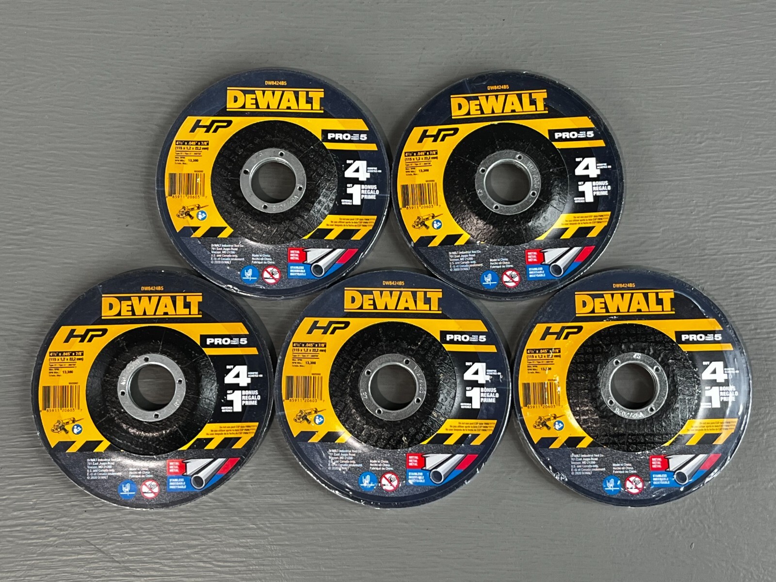 LOT OF 5 – DEWALT DW8424B5 4.5″ x 0.045″ Angle Grinder Metal Cut Off Wheel 5 pk