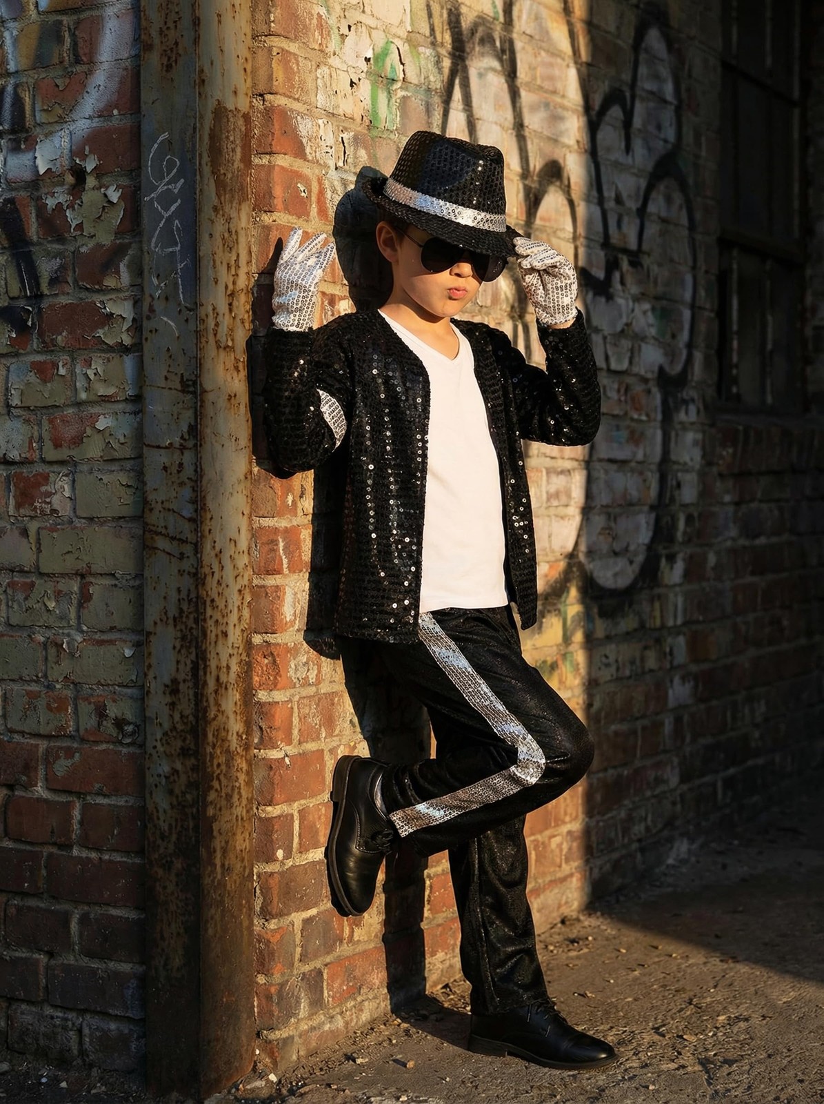 BAURGHOP Kids Dance Star Costume for Boys 80s 90s Pop Stage 4-5 Years, Black