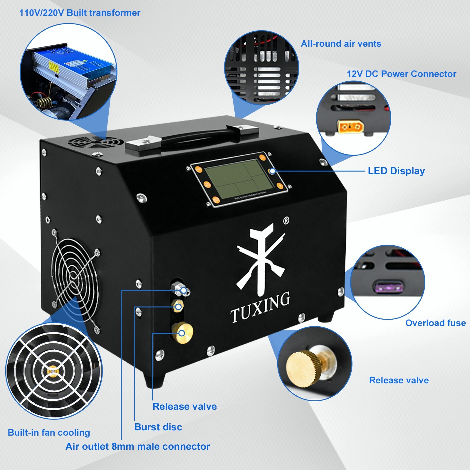 TUXING Pcp Air Compressor 4500psi LCD Display,Built-in Transformer for Air Gun