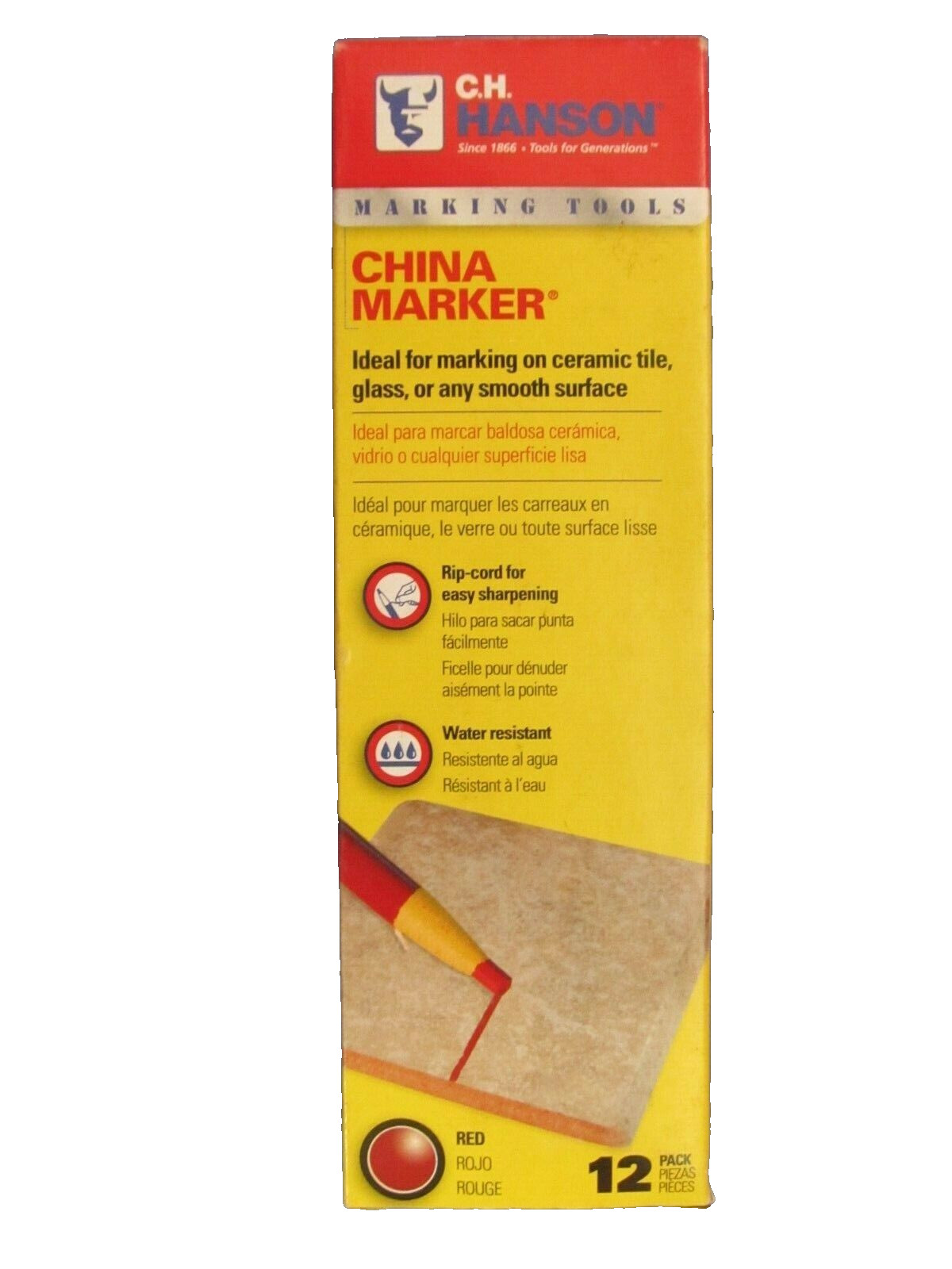 C.H. Hanson China Marker Red Lumber Crayon Package of 12 markers #10390 NEW