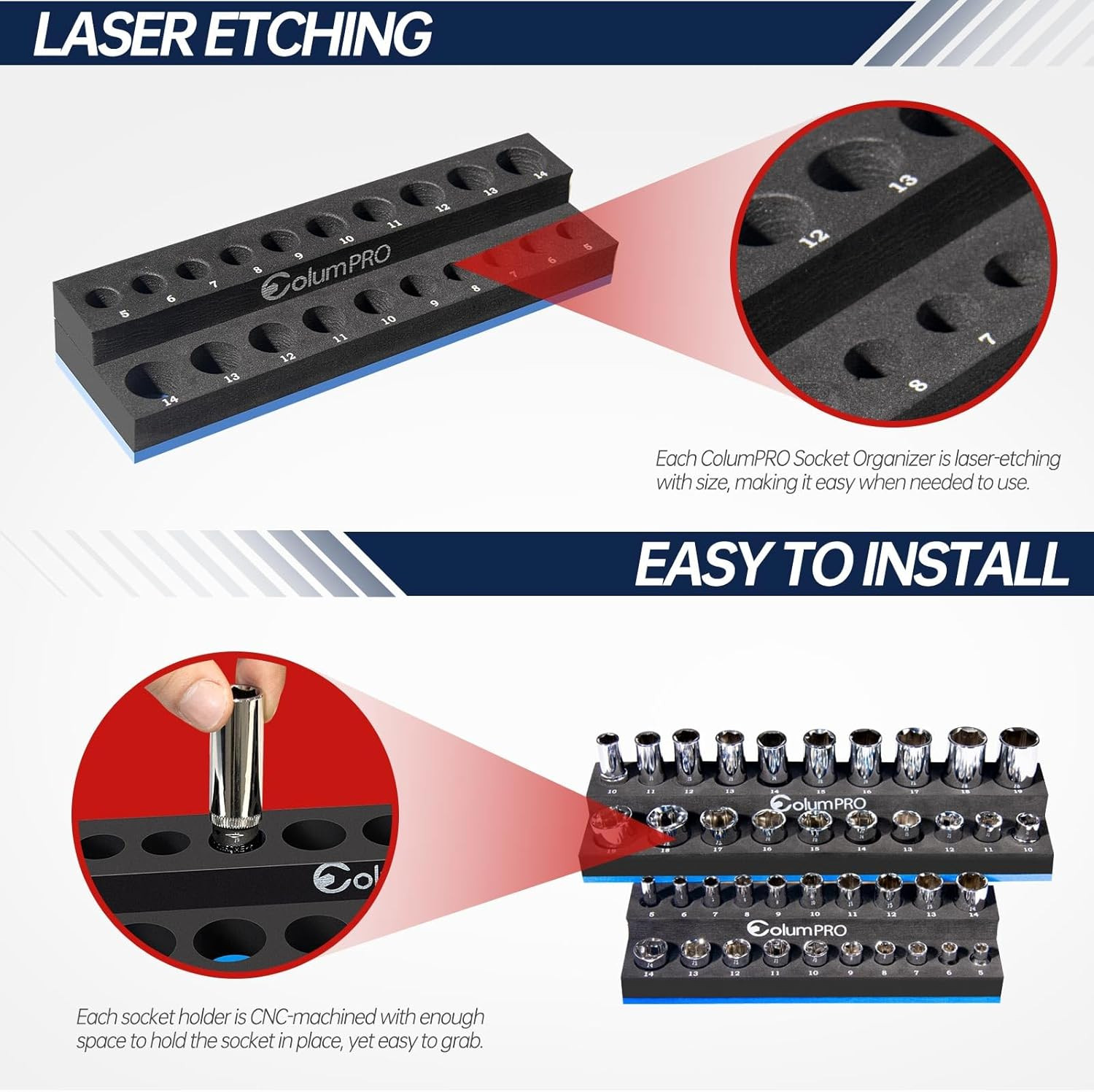 Foam Socket Organizer for Tool Box Drawer,Sockets Holder for Both 3/8&1/4” Squar