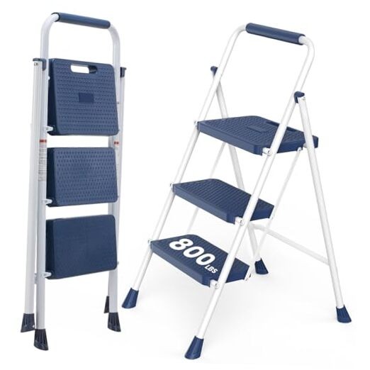 Step Ladder 3 Step, Folding Step Stool with Wide Anti-Slip 3-Step + 800LBS Blue