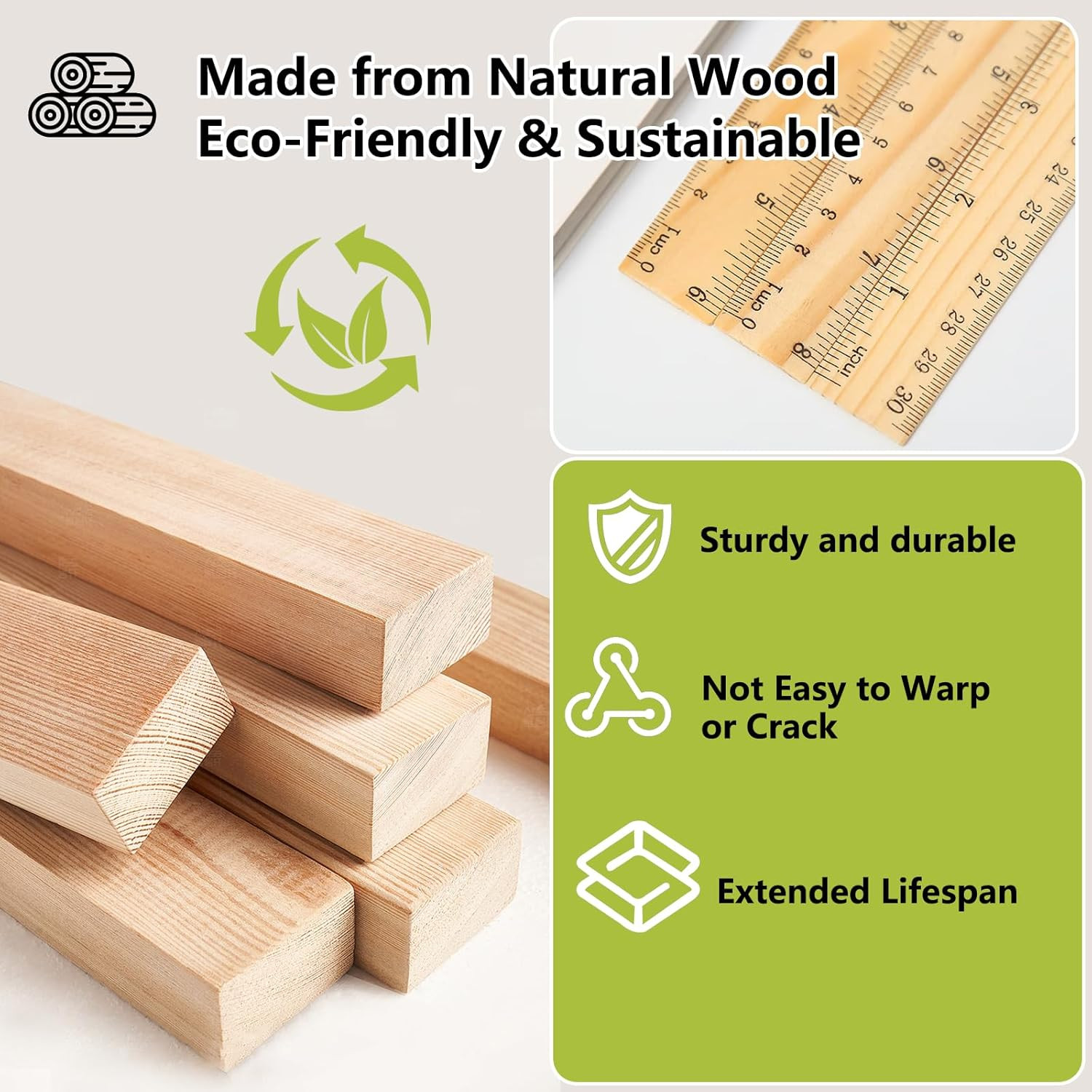 3 Pack Wood Ruler Set – Includes 6 Inch (15 Mm), 8 Inch (20 Mm), and 12 Inch (30