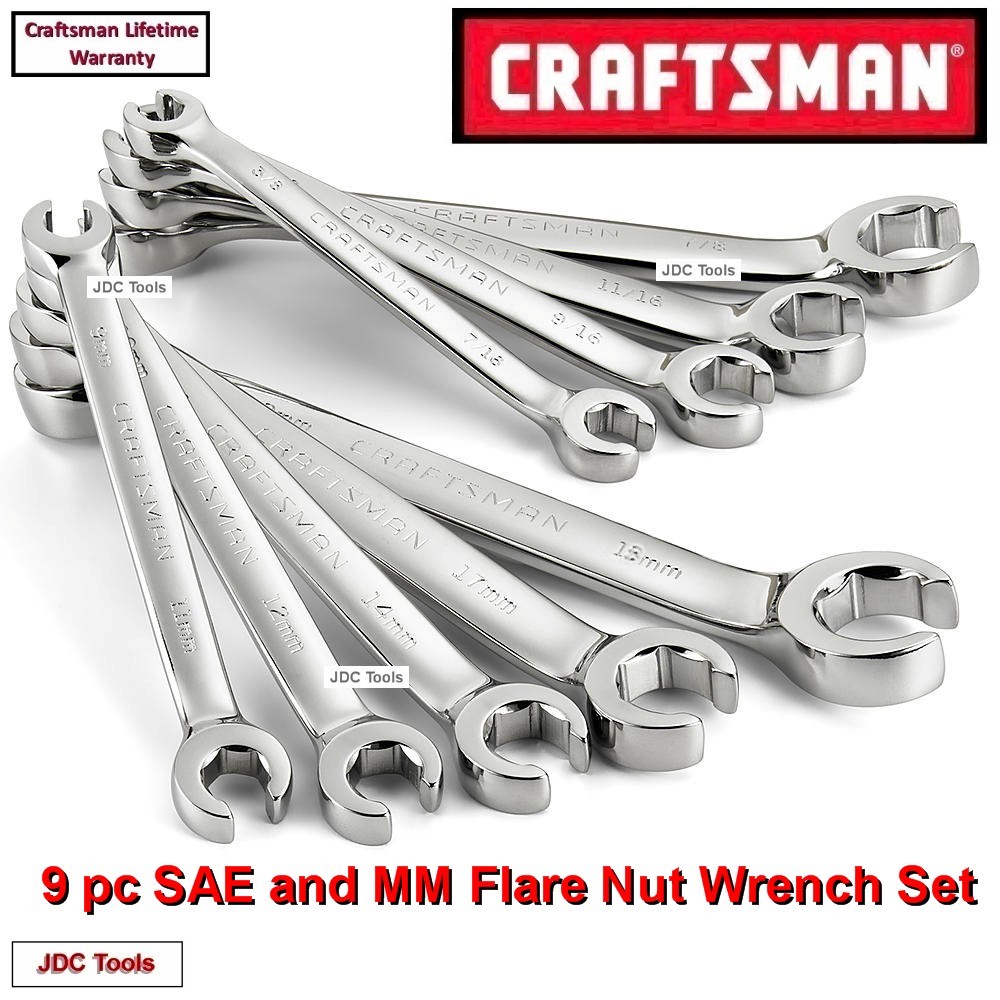 CRAFTSMAN TOOLS 9 PC POLISHED FLARE NUT WRENCH SET SAE 3/8-7/8in MM 9-18mm 5 10
