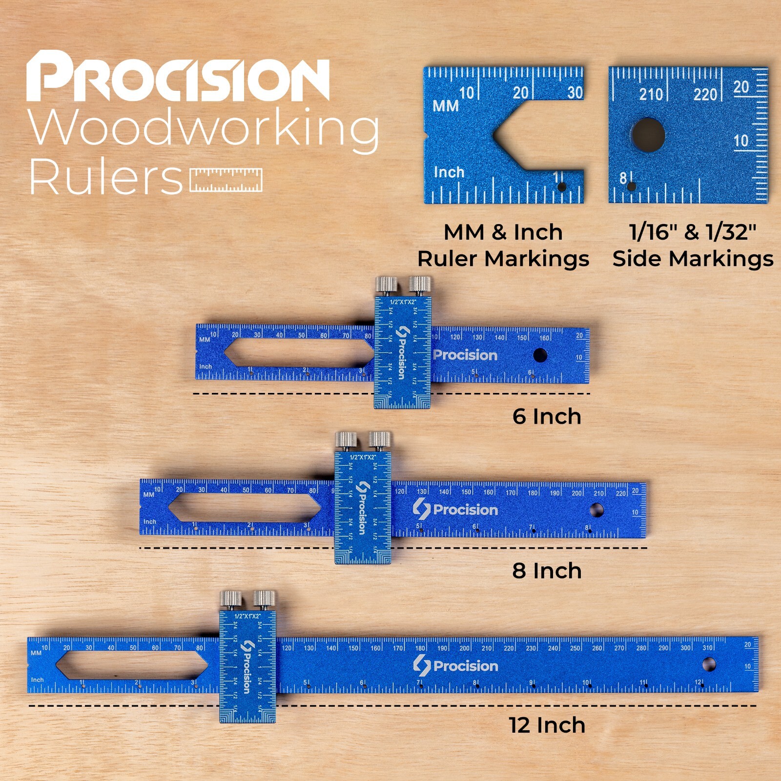 Procision Woodworking Ruler, Set of 3 (12, 8, 6 Inch), Precise Woodworking Pocke