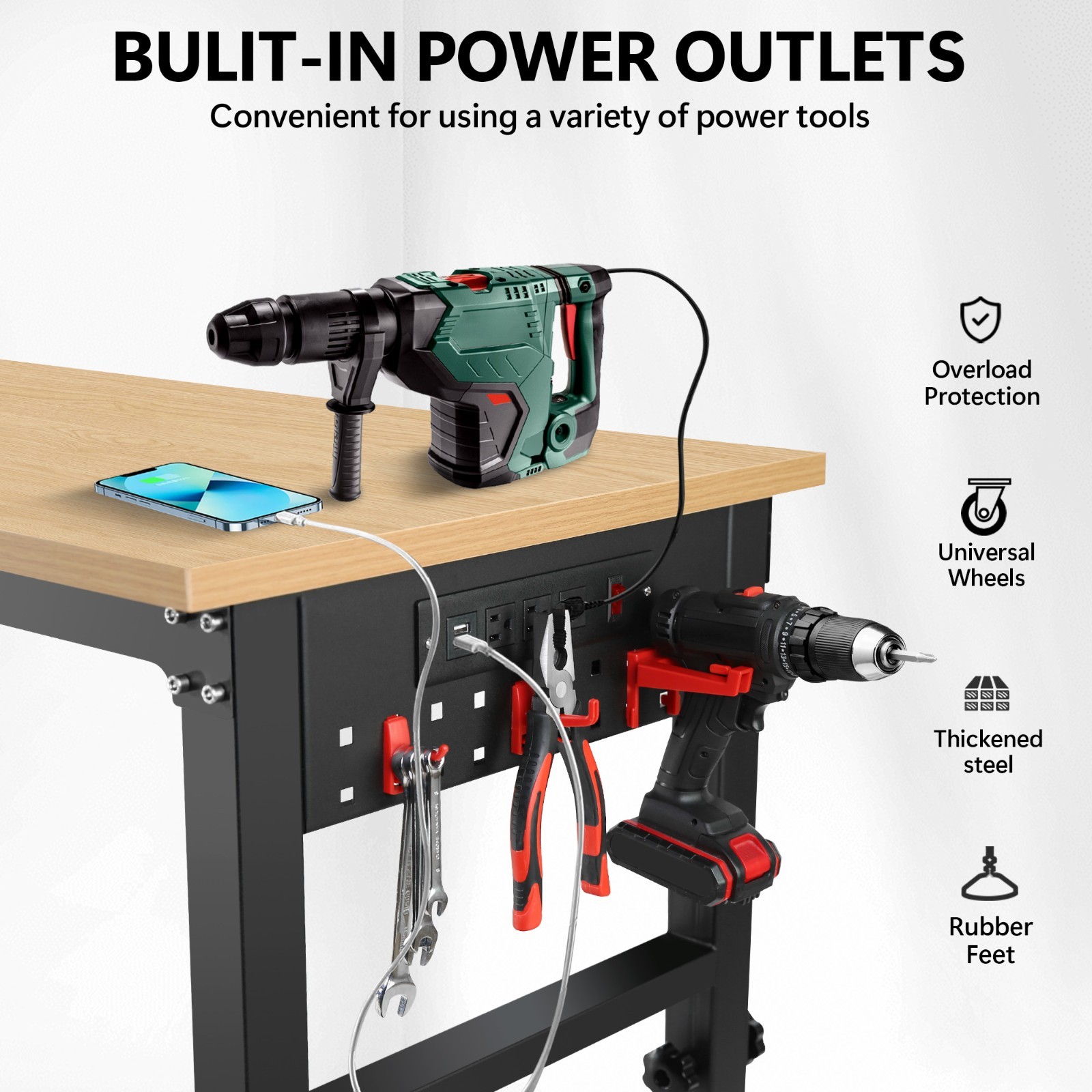 Adjustable Heavy Duty Workbench 72″ 2000LBS Rubberwood Top Power Outlets Garage
