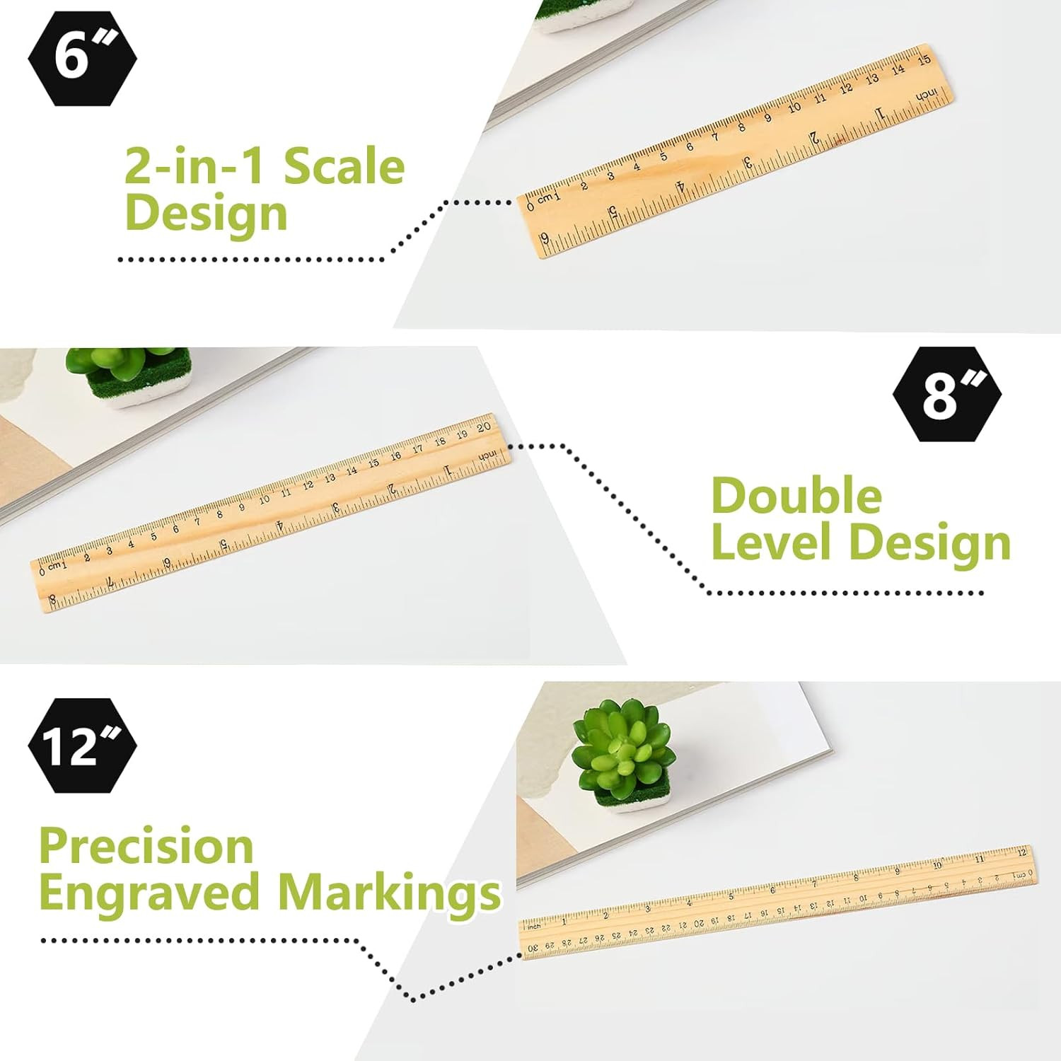 3 Pack Wood Ruler Set – Includes 6 Inch (15 Mm), 8 Inch (20 Mm), and 12 Inch (30