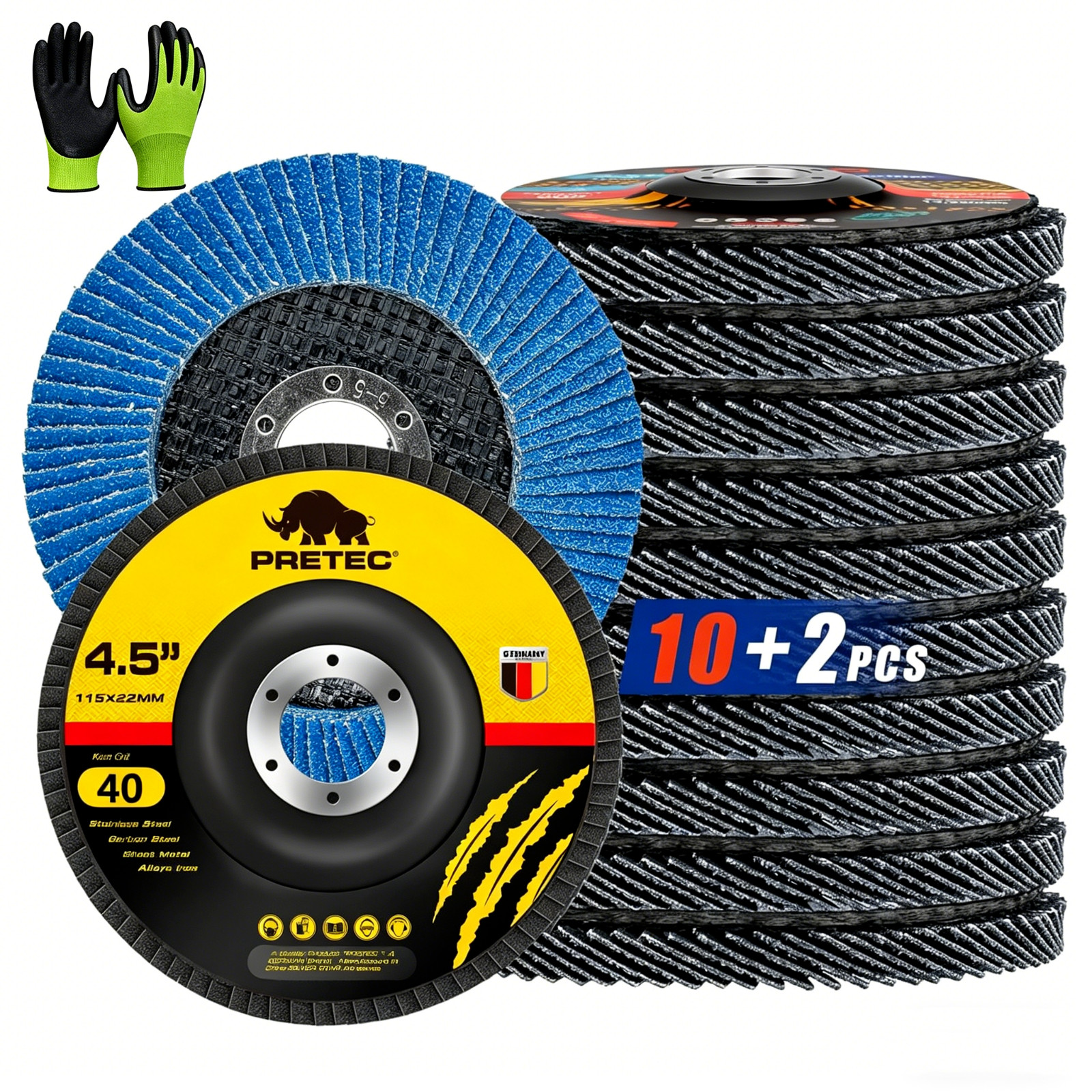 4-1/2″ x 7/8″ Zirconia Flap Discs 40 Grit T27 Grinder 12/40/160 Pack w/ Gloves