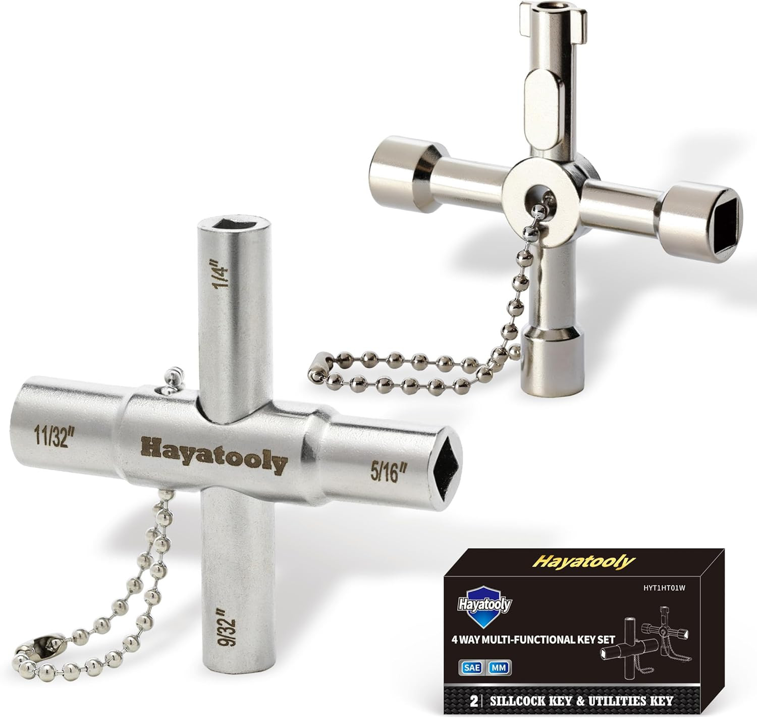 4-Way Sillcock Key, 2-Pack 40Cr Water Key, Multi-Functional & Utility Wrench, Sh