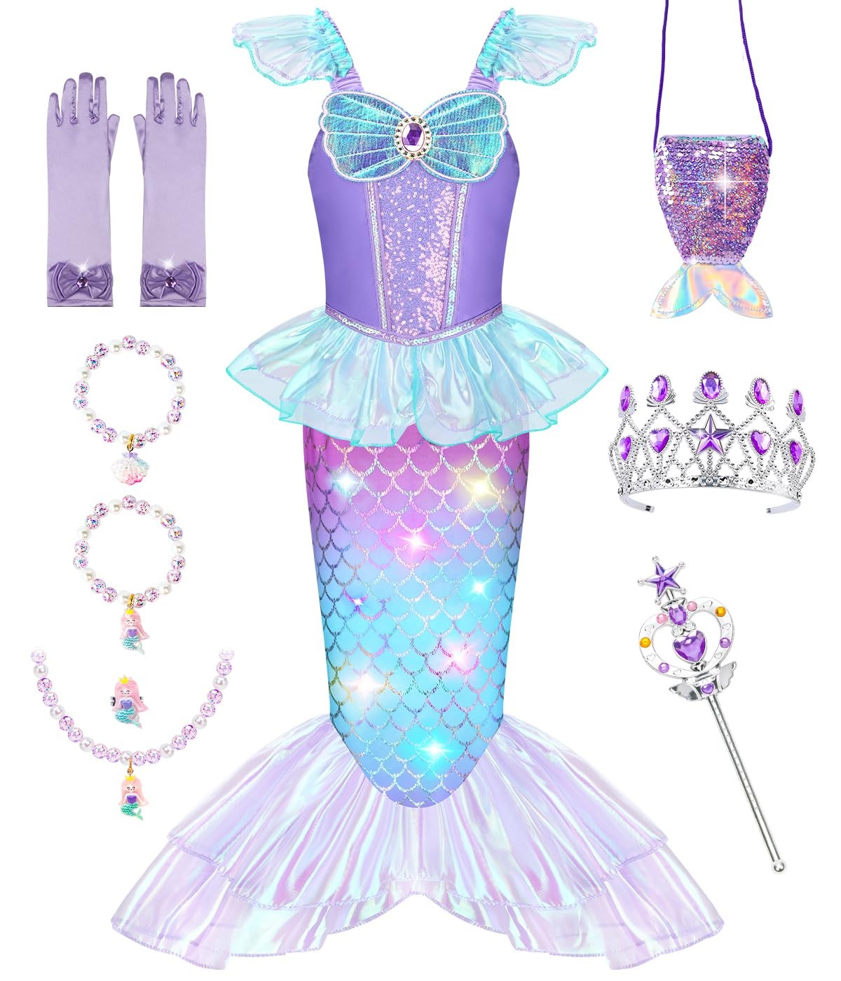 Meland Mermaid Costume for Girls – Light Up Halloween 5-6 Years, Purple