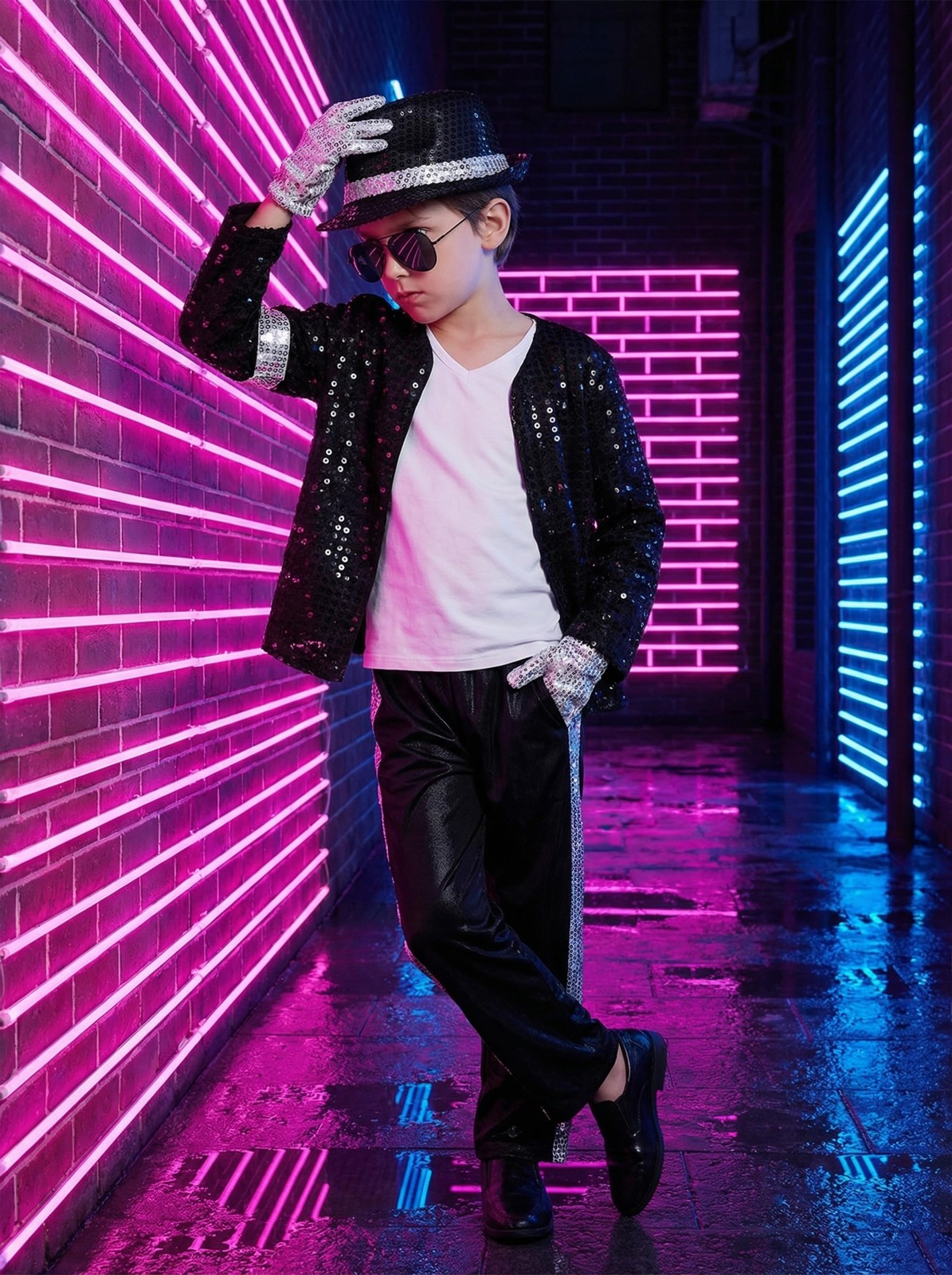 BAURGHOP Kids Dance Star Costume for Boys 80s 90s Pop Stage 4-5 Years, Black