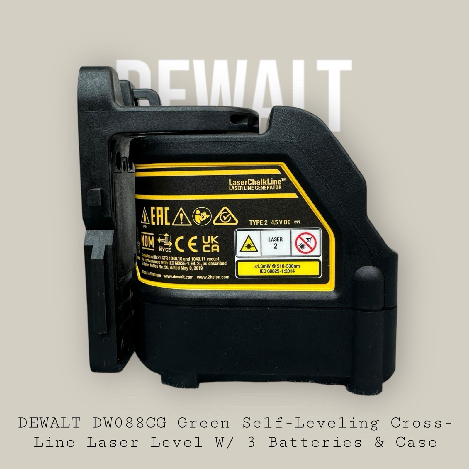 DEWALT DW088CG Green Self-Leveling Cross-Line Laser Level W/ 3 Batteries & Case