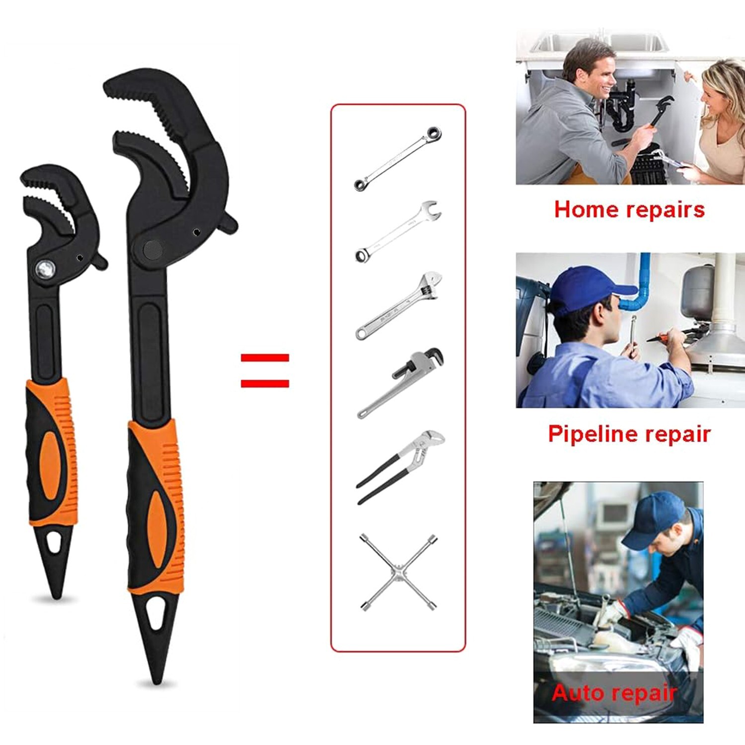 2pcs Multi-function Magic Wrench Self-Adjusting Spanner Power Grip Pipe Wrench