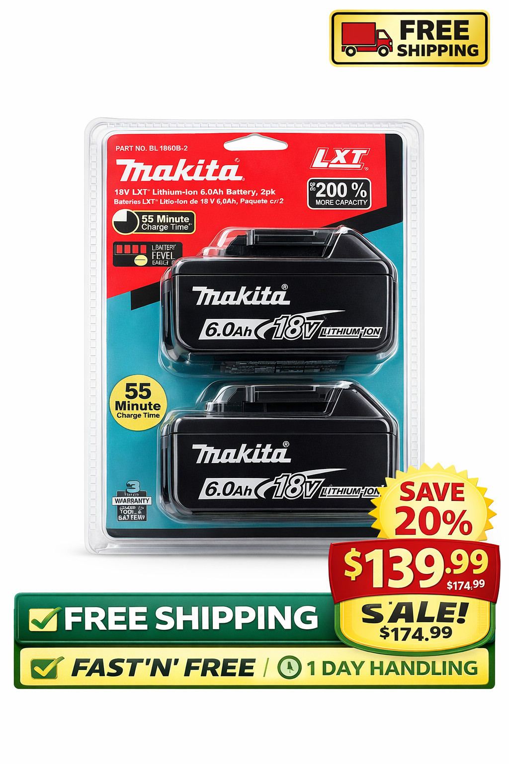 Makita 6.0Ah 18V Lithium-Ion Battery 2 Pack (BL1860B2)