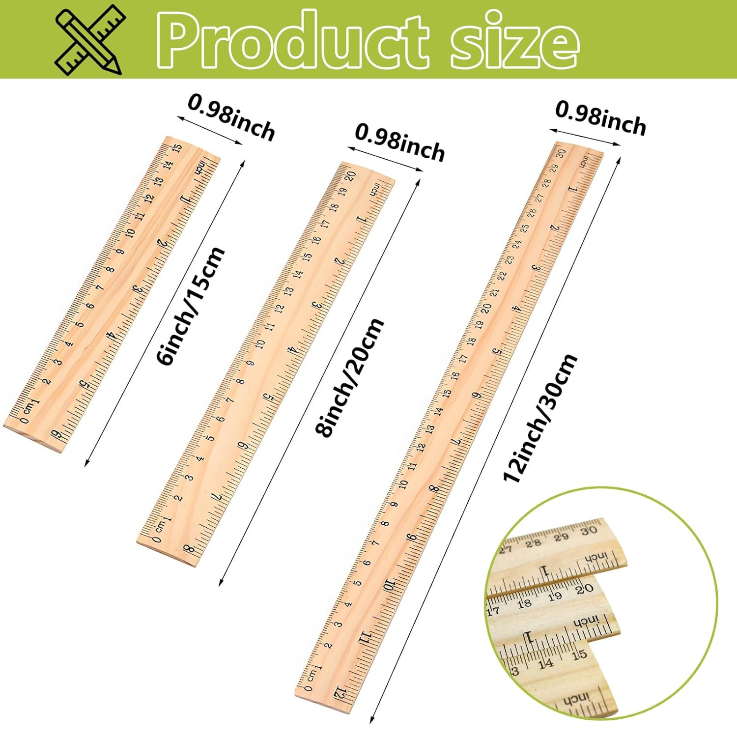 3 Pack Wood Ruler Set – Includes 6 Inch (15 Mm), 8 Inch (20 Mm), and 12 Inch (30