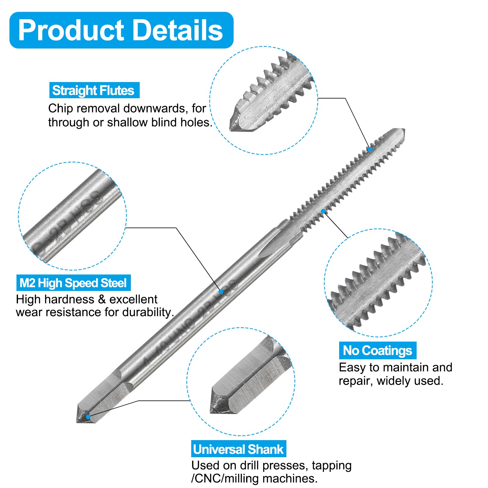 2pcs 4-40 UNC Straight Flute Tap Uncoated and 2pcs 2.3mm Drill Bit Ti-Coated Set