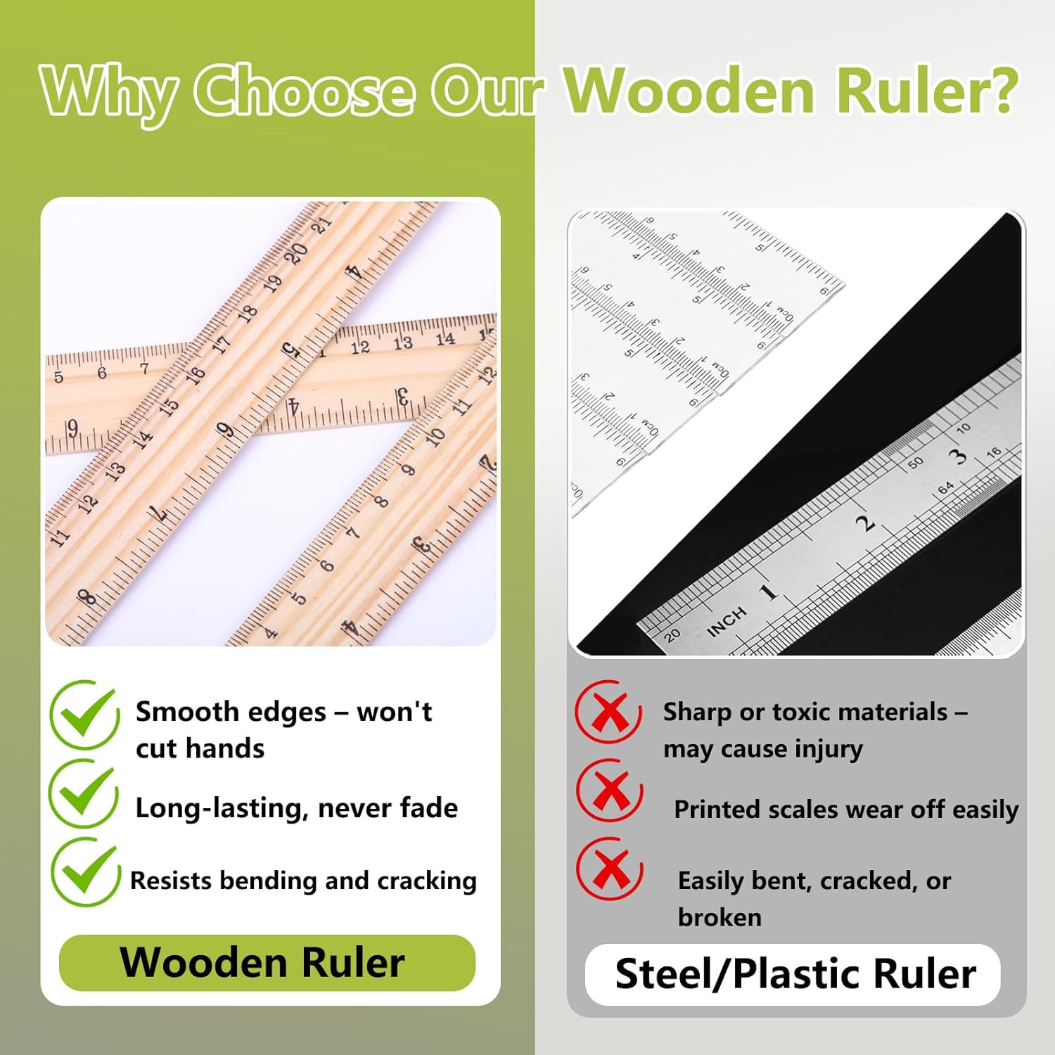 3 Pack Wood Ruler Set – Includes 6 Inch (15 Mm), 8 Inch (20 Mm), and 12 Inch (30