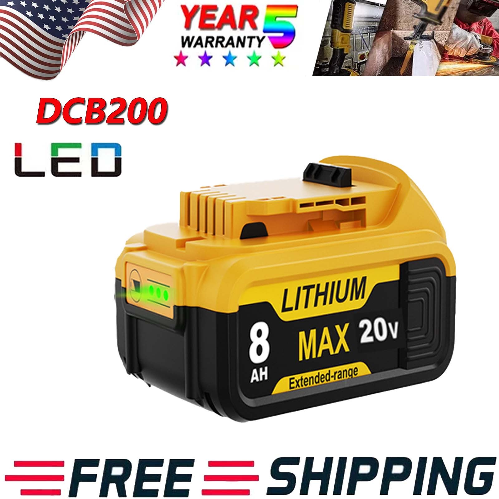 1-6PACK For DeWalt 20V Max 8.0AH Lithium Ion Battery DCB200 DCB206-2 DCB205-2