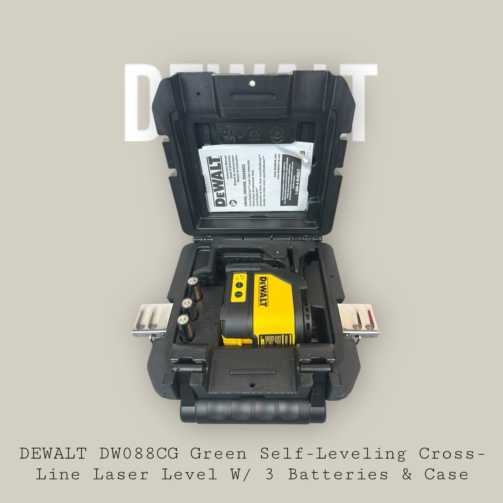 DEWALT DW088CG Green Self-Leveling Cross-Line Laser Level W/ 3 Batteries & Case