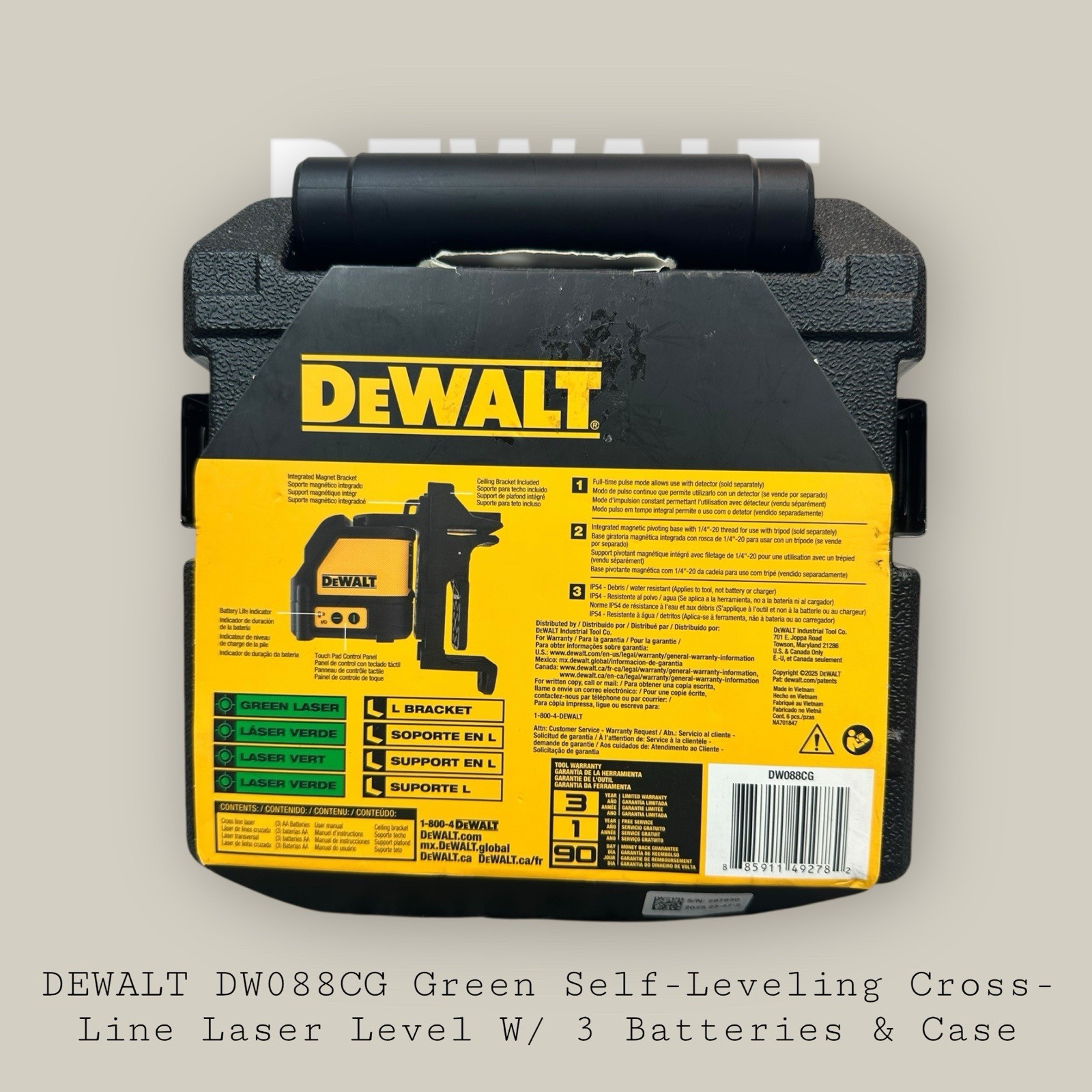 DEWALT DW088CG Green Self-Leveling Cross-Line Laser Level W/ 3 Batteries & Case