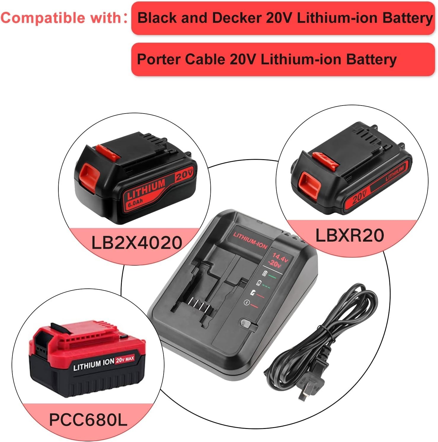 2PACK for PORTER CABLE 20V 20 Volt Lithium Battery /Charger Max PCC680L PCC685L