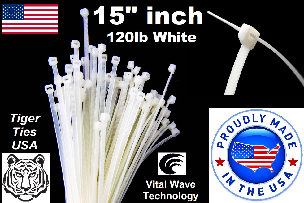 20X White 15″ inch Wire Cable Zip Ties Nylon Tie Wraps 120lb USA Made Tiger Ties