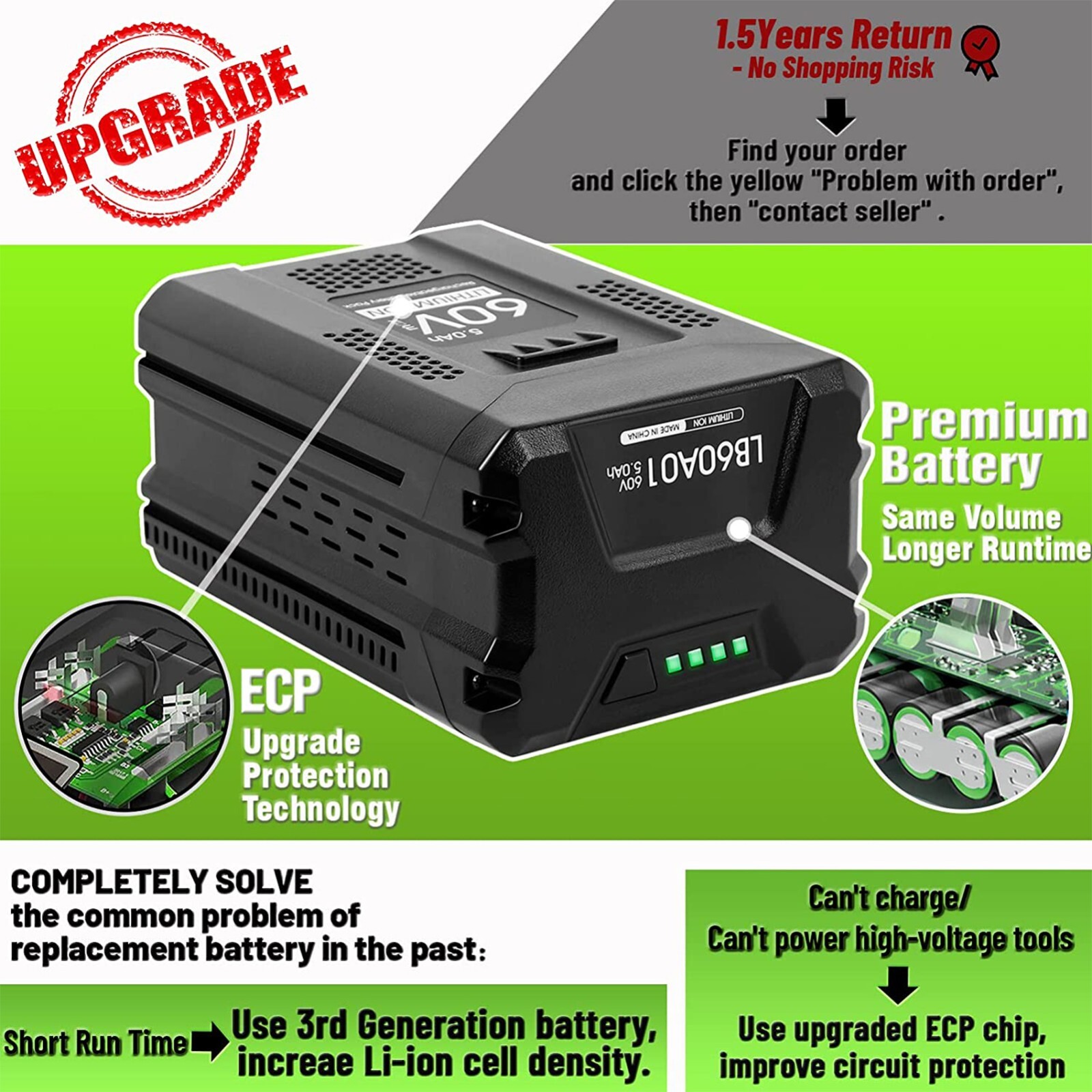5.0Ah Li-ion Battery For Greenworks 60 V LB60A00 LB60A02 LB60A03 60Volt Max Tool