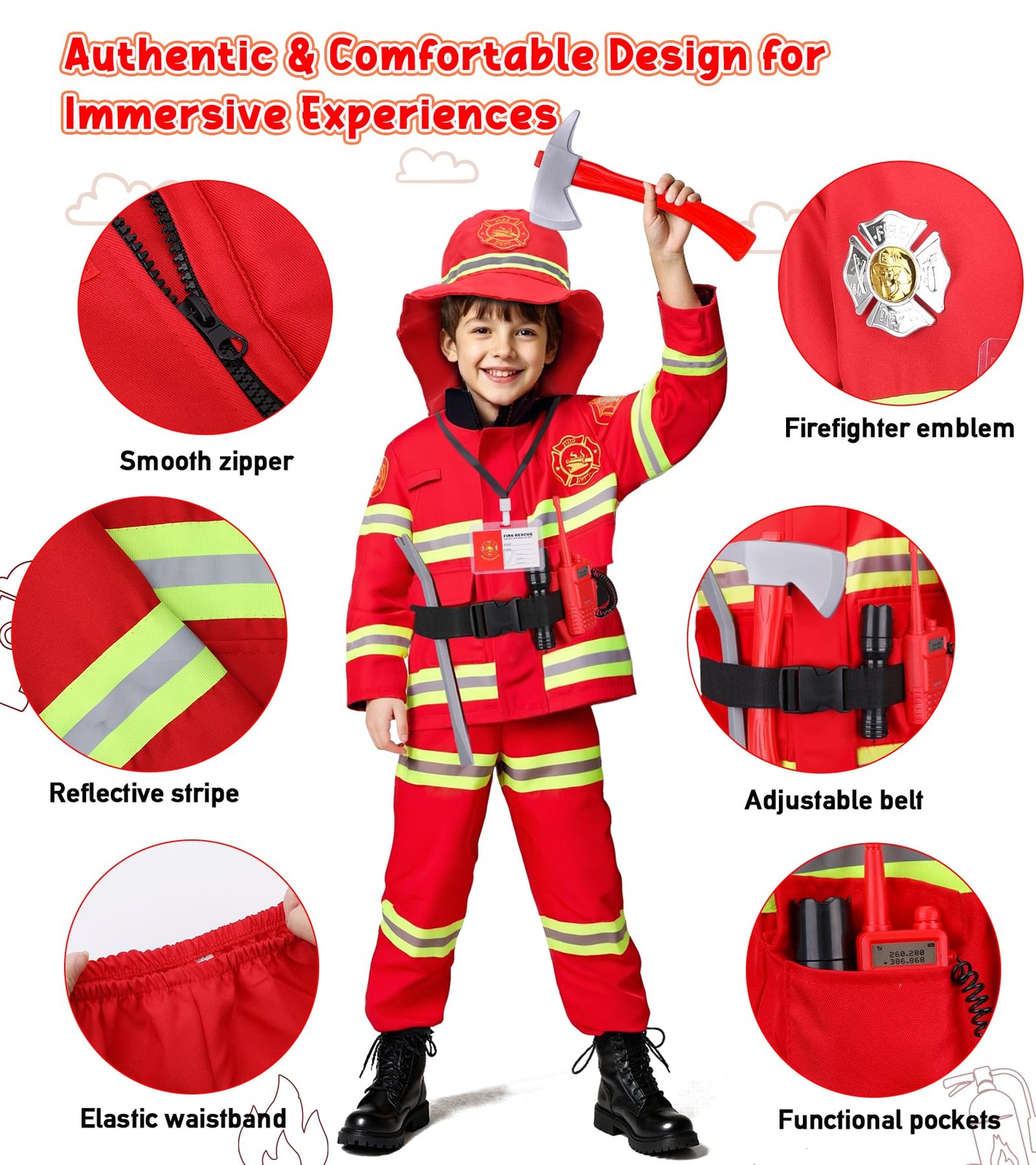 LOYO Firefighter Costume for Kids – Fireman Halloween Costumes 5-7 Years, Red