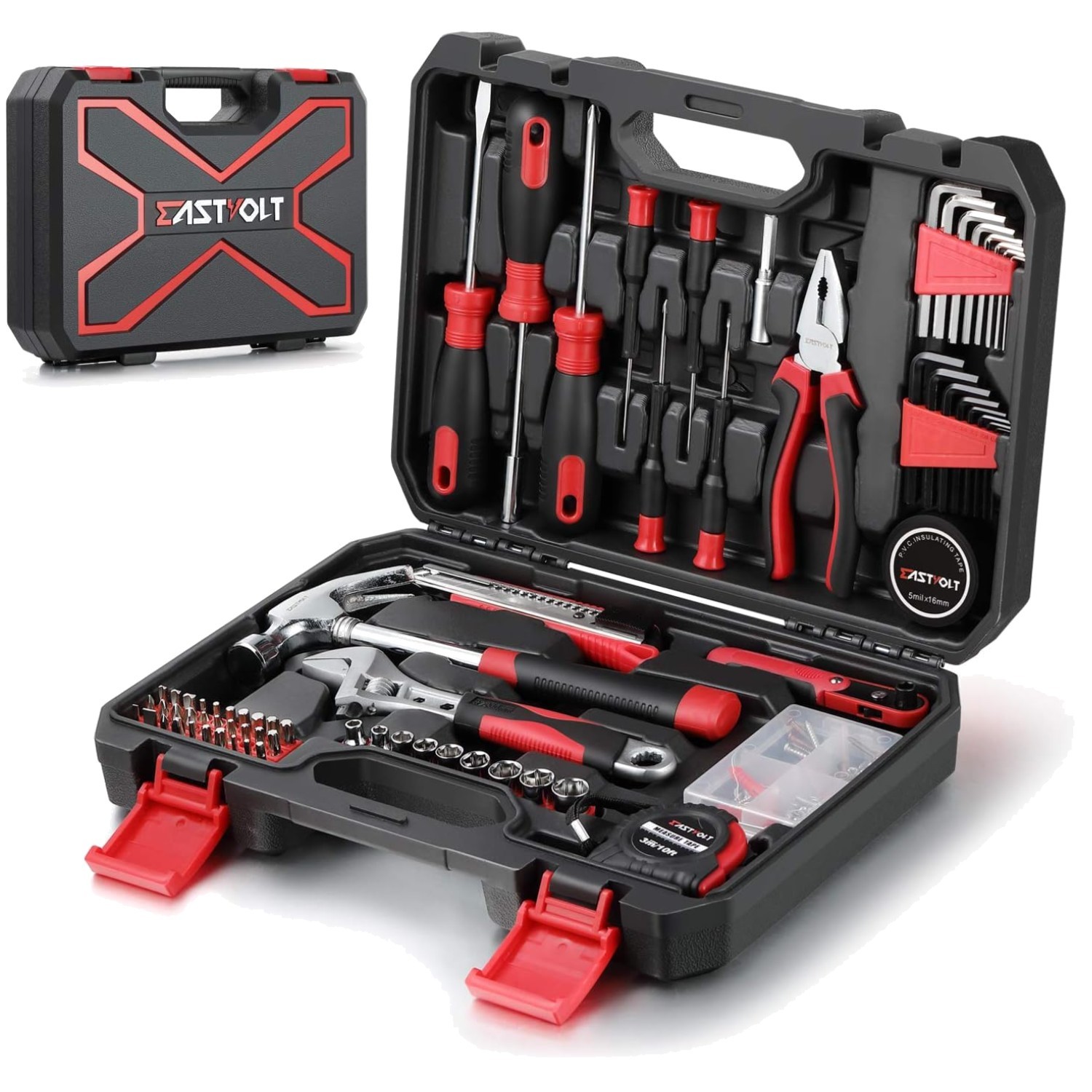 Comprehensive 128-Piece Household Tool Set, Black + Red