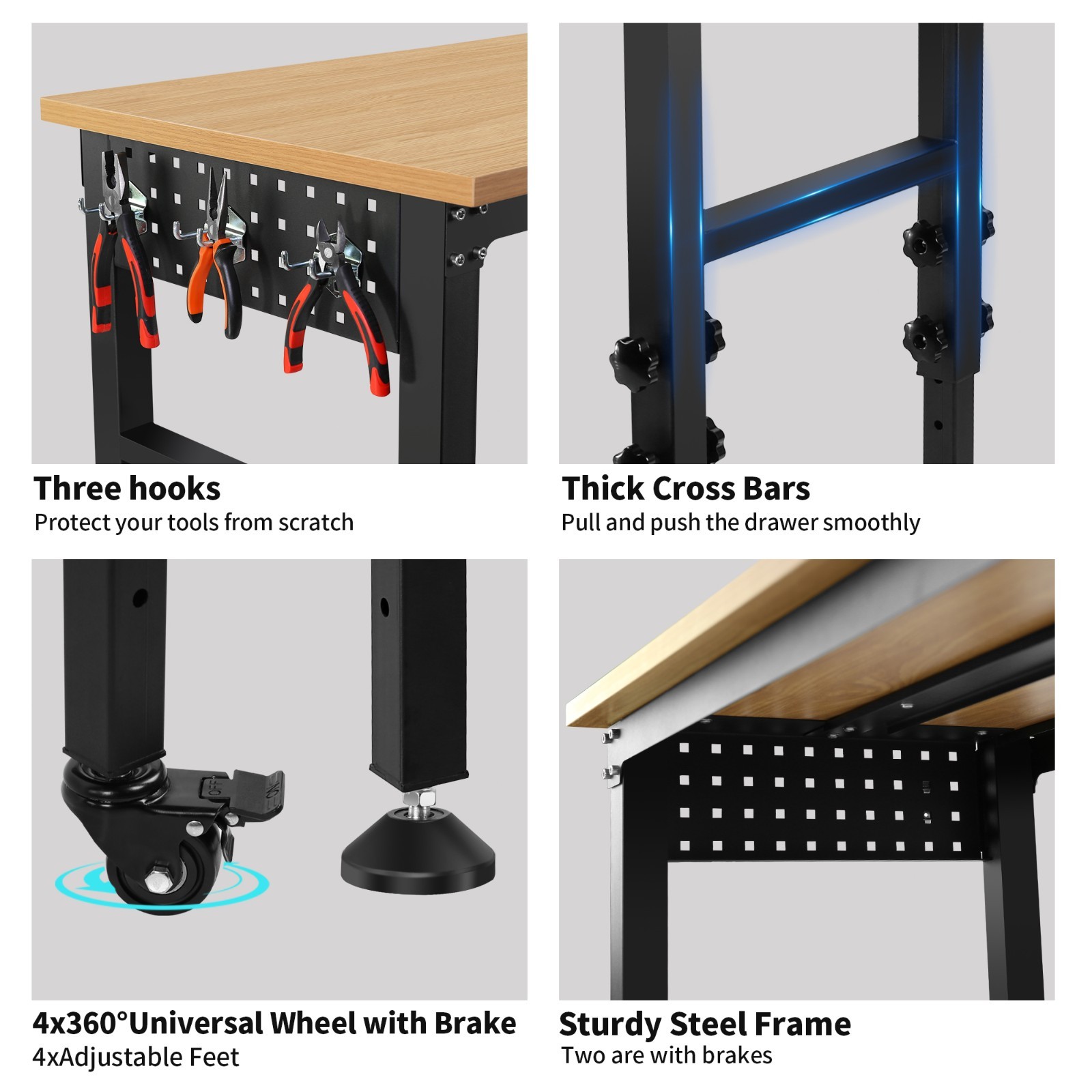 Adjustable Heavy Duty Workbench 72″ 2000LBS Rubberwood Top Power Outlets Garage
