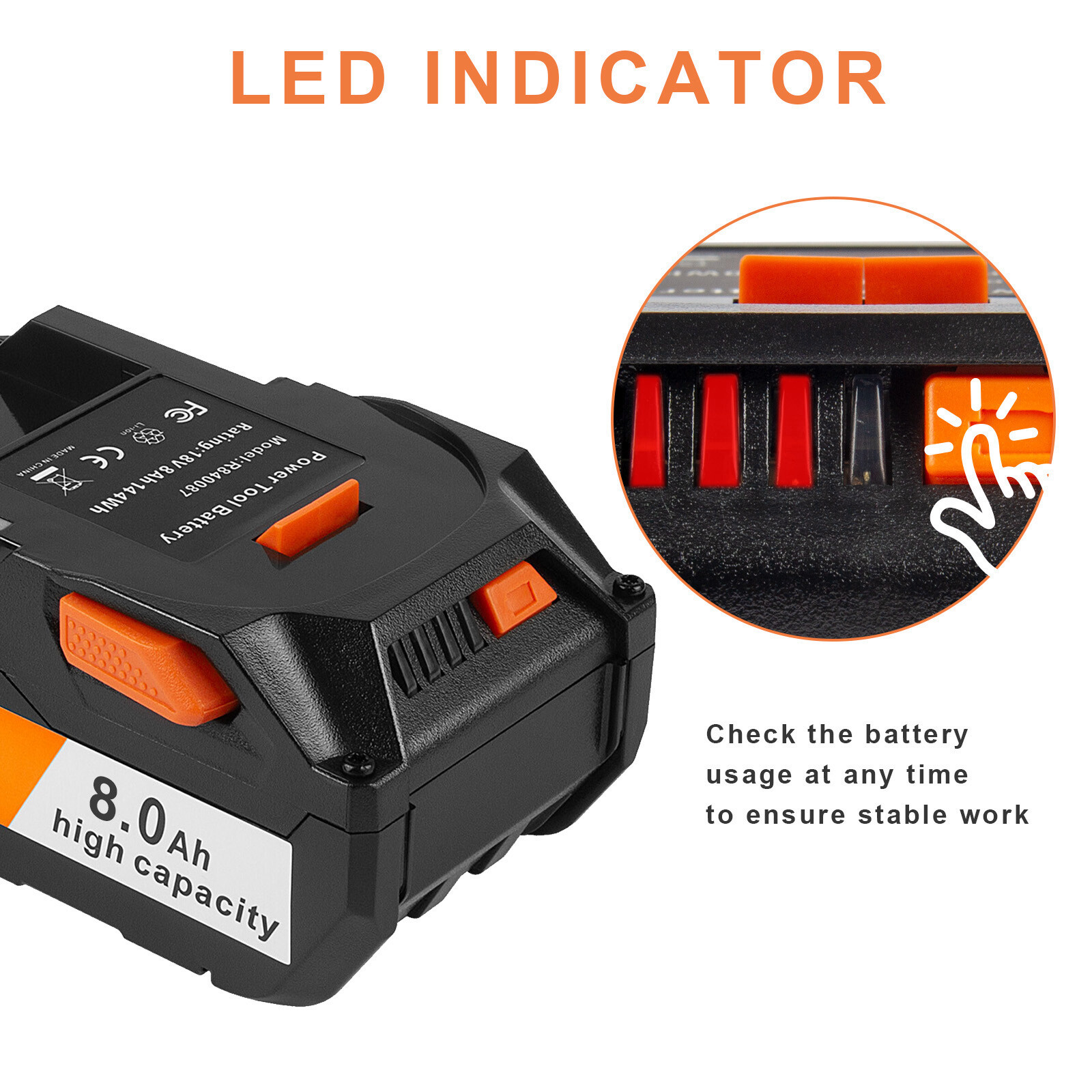 8000mAh for Ridgid 18V Battery 8.0Ah Lithium Power Tool R840083 R840085 R840087