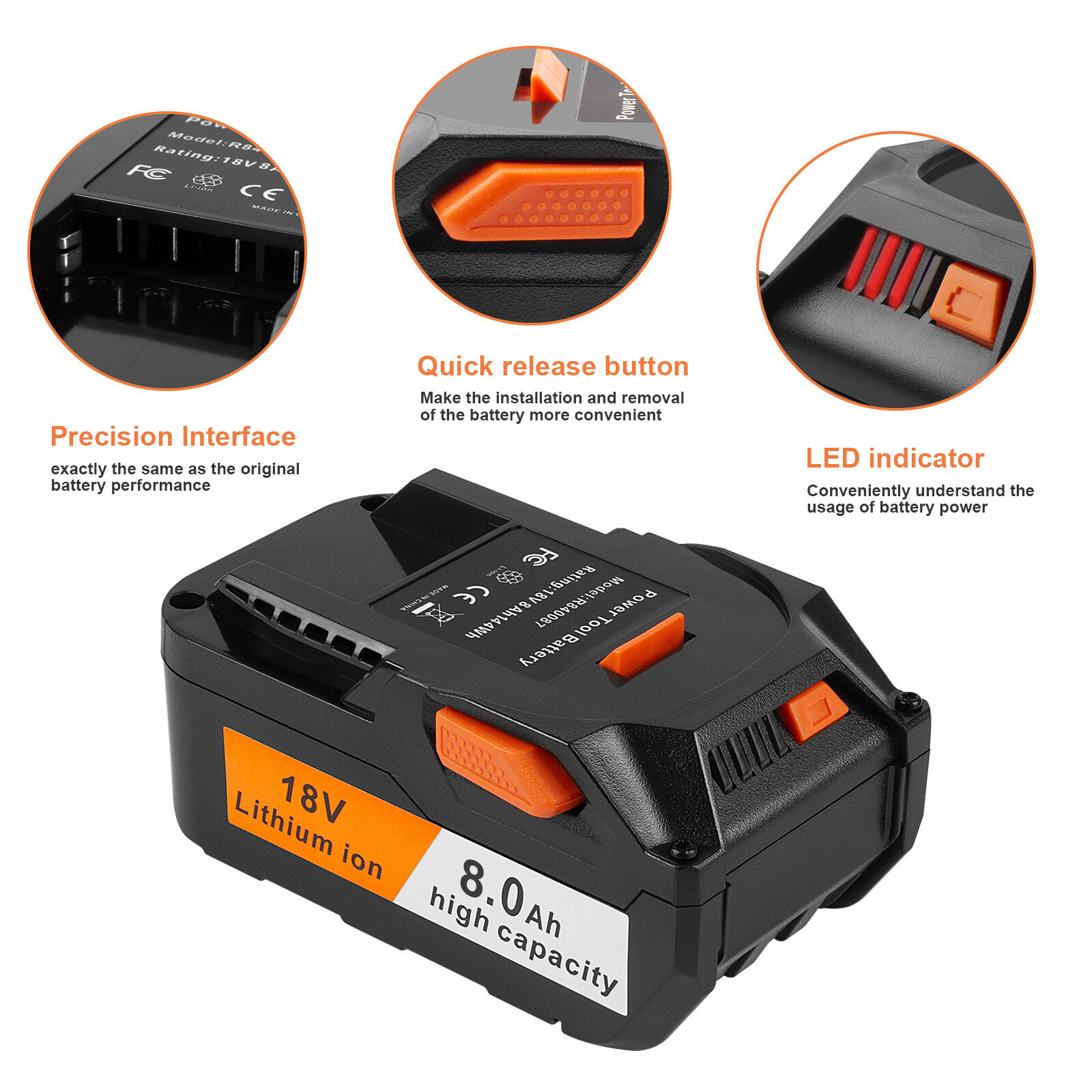 8000mAh for Ridgid 18V Battery 8.0Ah Lithium Power Tool R840083 R840085 R840087