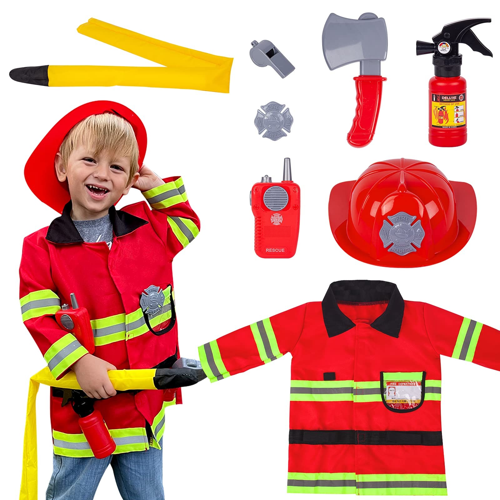 Liberry Fireman Costume for Kids 3 4 5 Years Old, Firefighter Tools 9pcs, Red