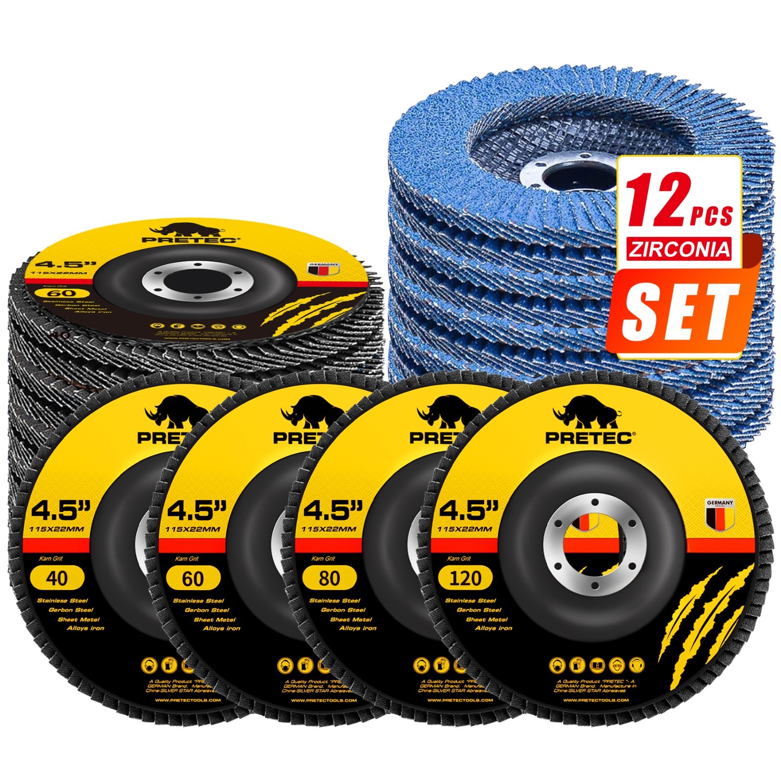 4.5″ Zirconia Flap Discs 40/60/80/120 Grit T27 Angle Grinder 12/40/160 Pack Set