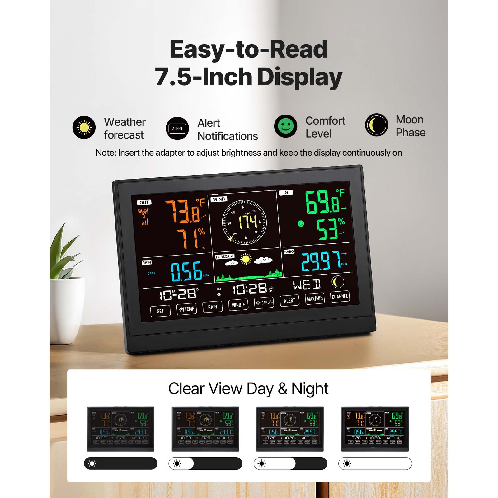Uimoso 5-in-1 Wireless Weather Station 7.5” Display and Indoor-Outdoor Sensor