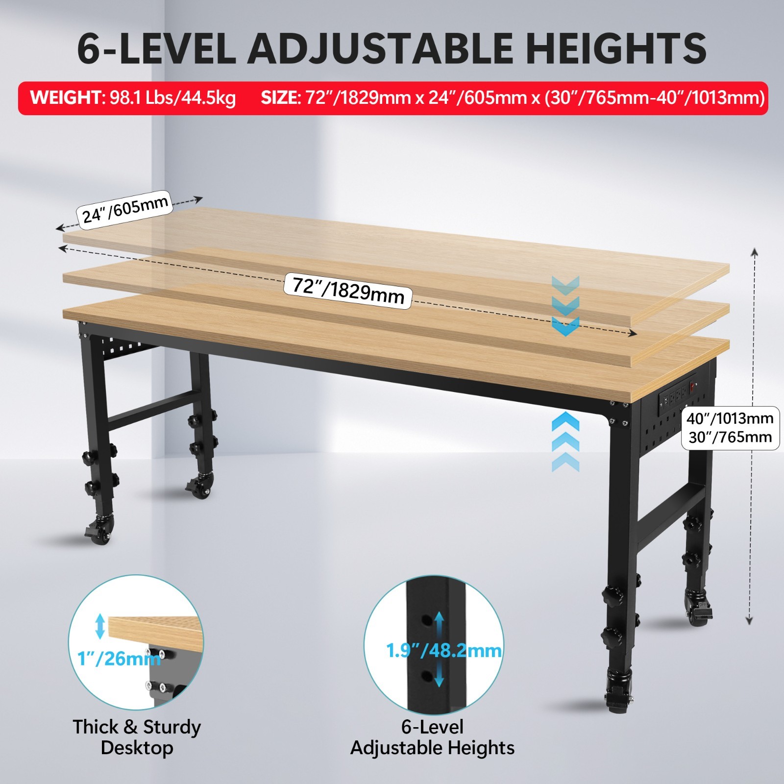 Adjustable Heavy Duty Workbench 72″ 2000LBS Rubberwood Top Power Outlets Garage